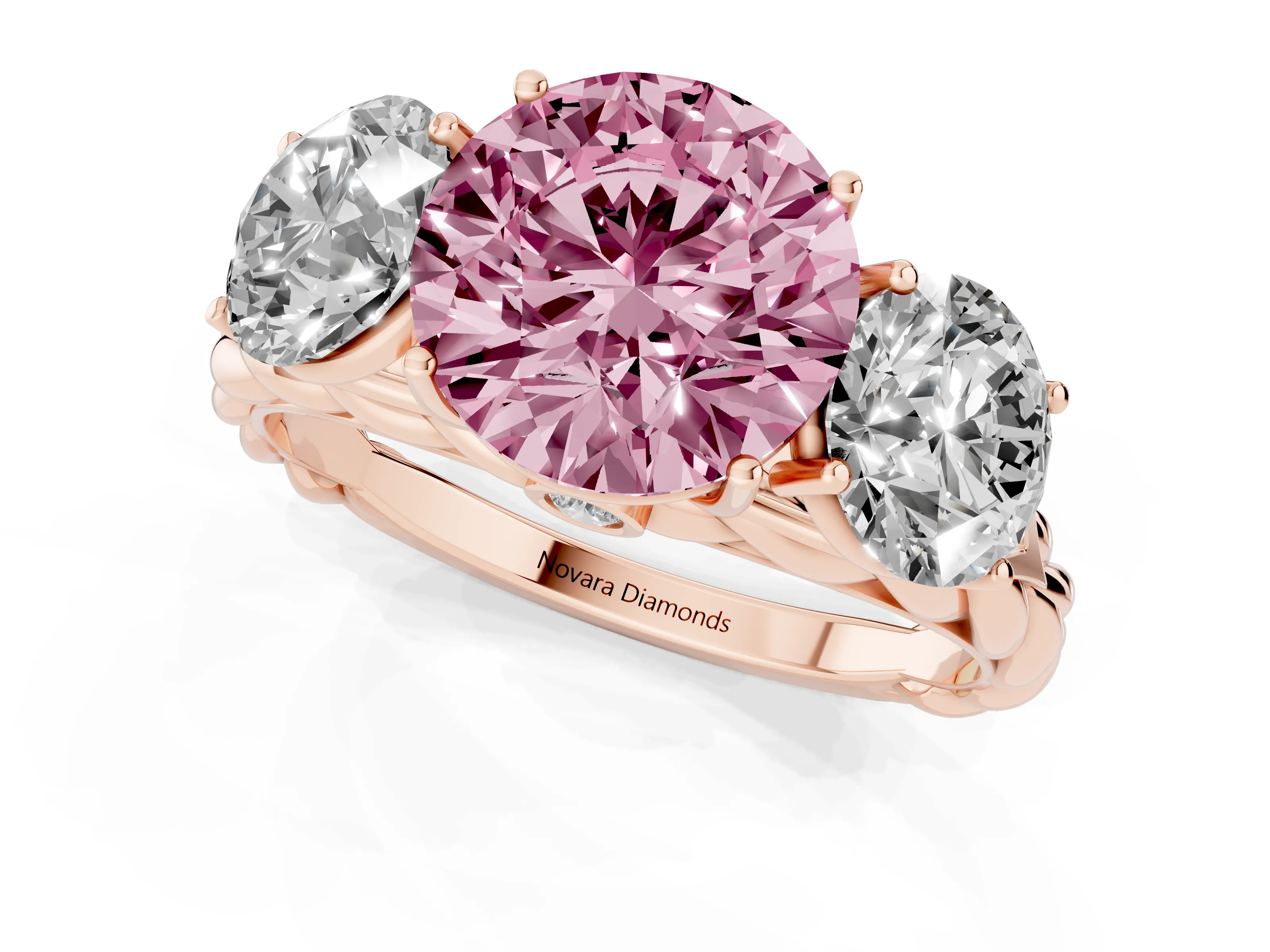 Fancy Pink Round Cut Diamond Three-Stone Ring Set in Rose gold with Braided Band