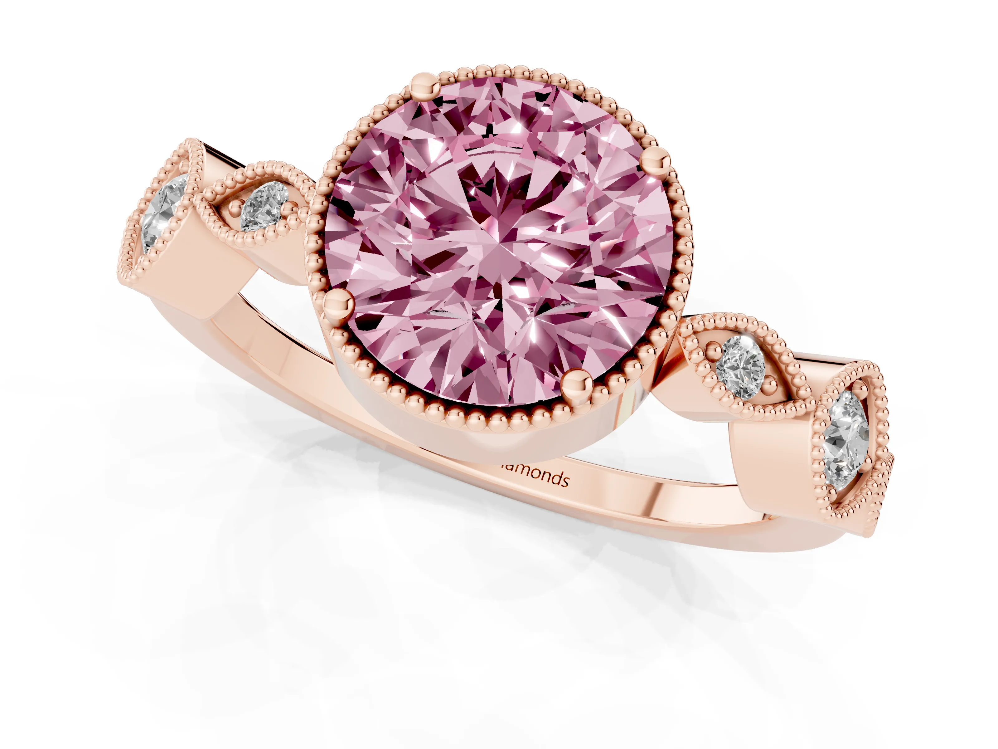 Fancy Pink Round Cut Diamond Vintage-Inspired Milgrain Ring Set in Rose gold with Marquise Stations of Round Accents