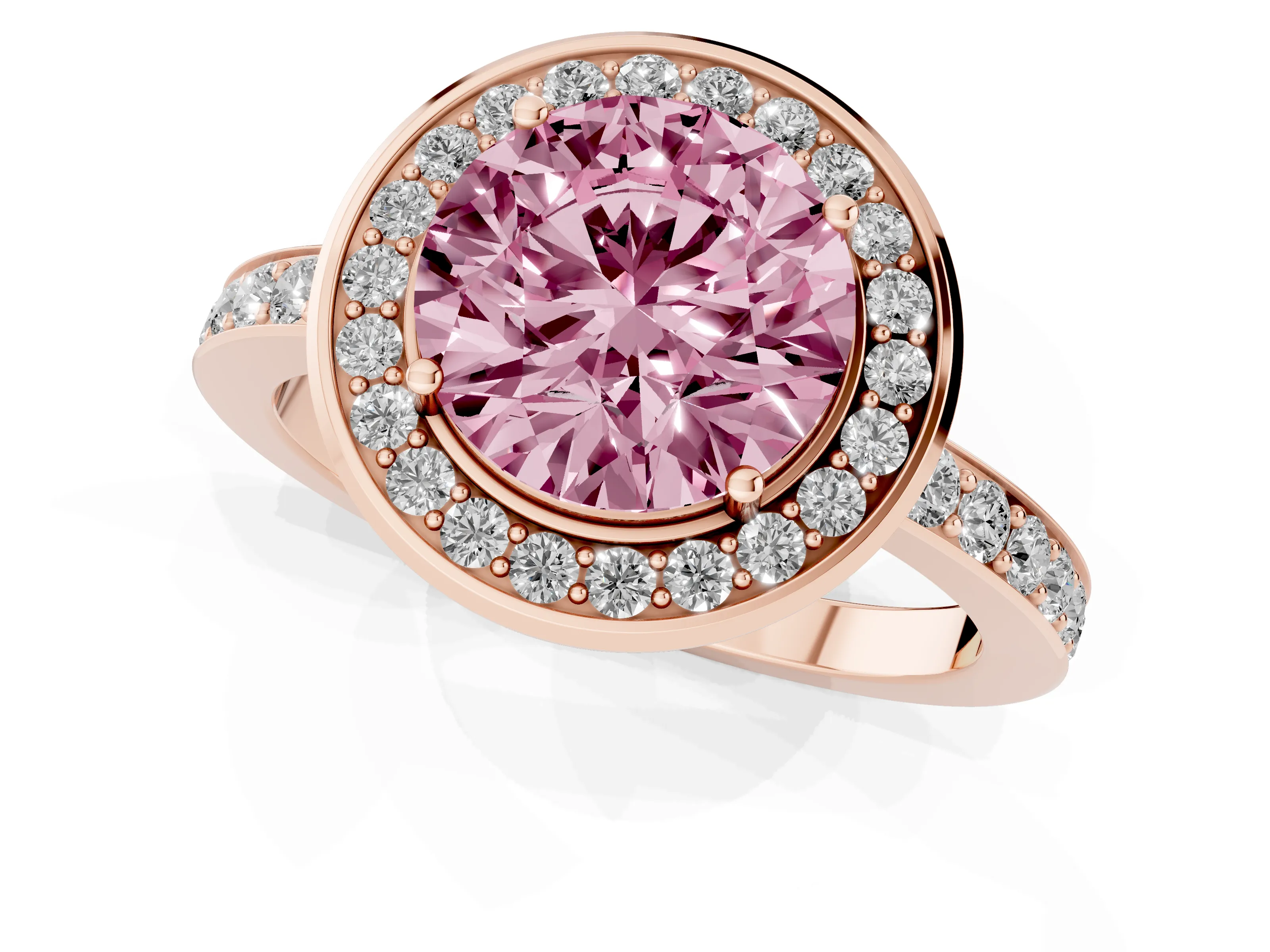 Fancy Pink Round Cut Diamond Halo Ring Set in Rose gold with Bezel Frame and Pavé Band