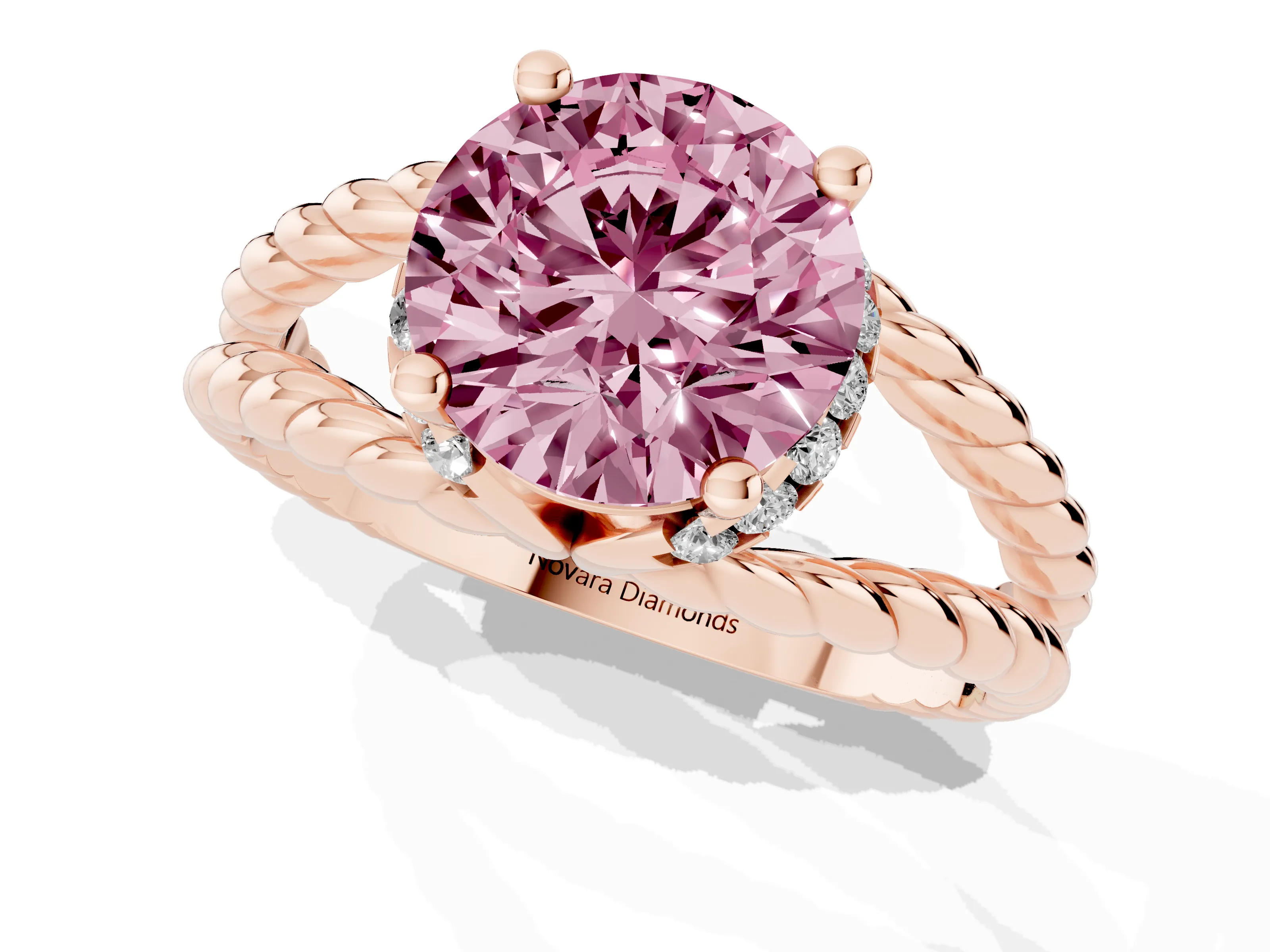 Fancy Pink Round Cut Diamond Halo Ring Set in Rose gold with Twisted Band and Prong Setting