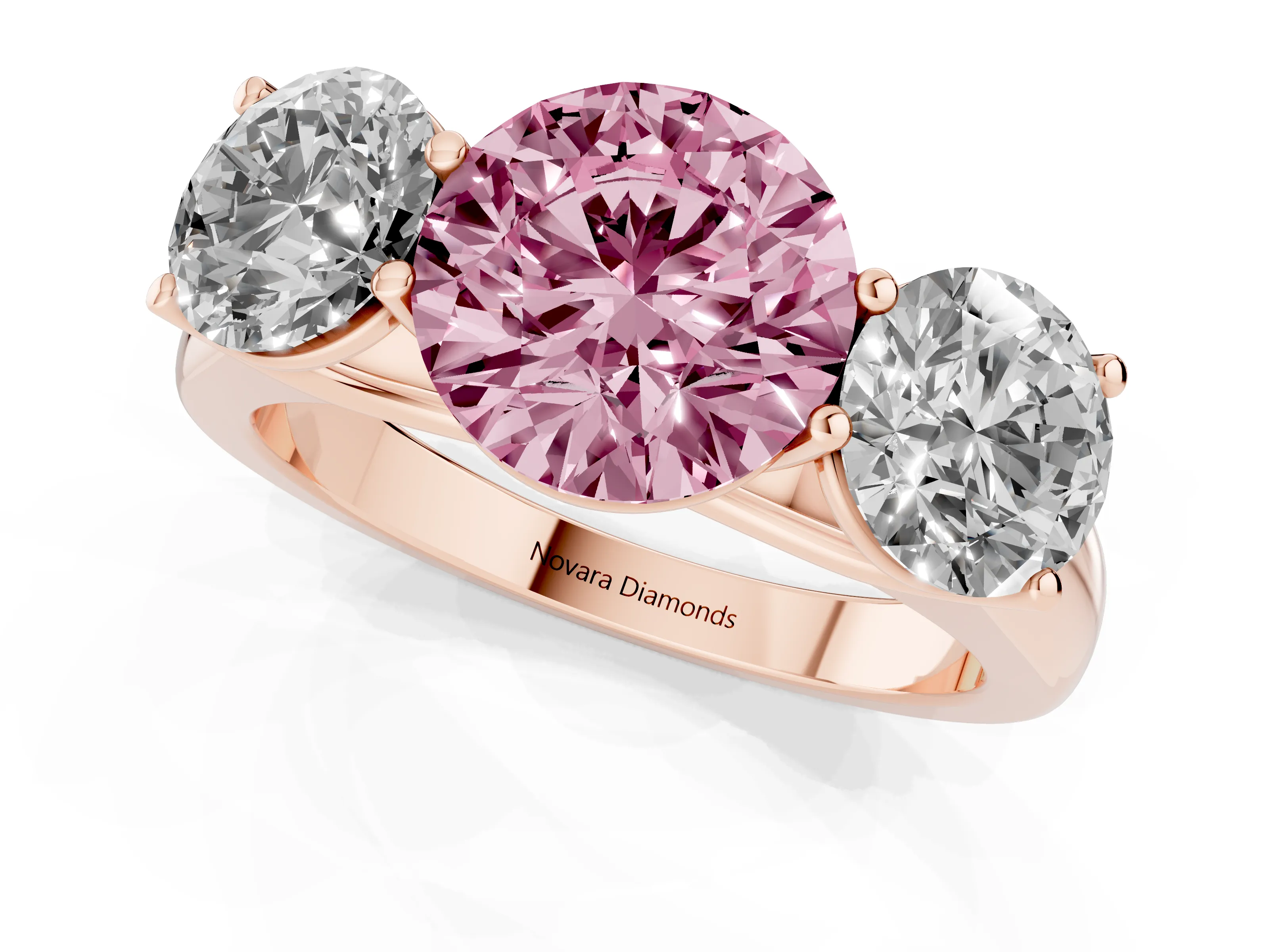 Fancy Pink Round Cut Diamond Three-Stone Ring Set in Rose gold with Plain Polished Band