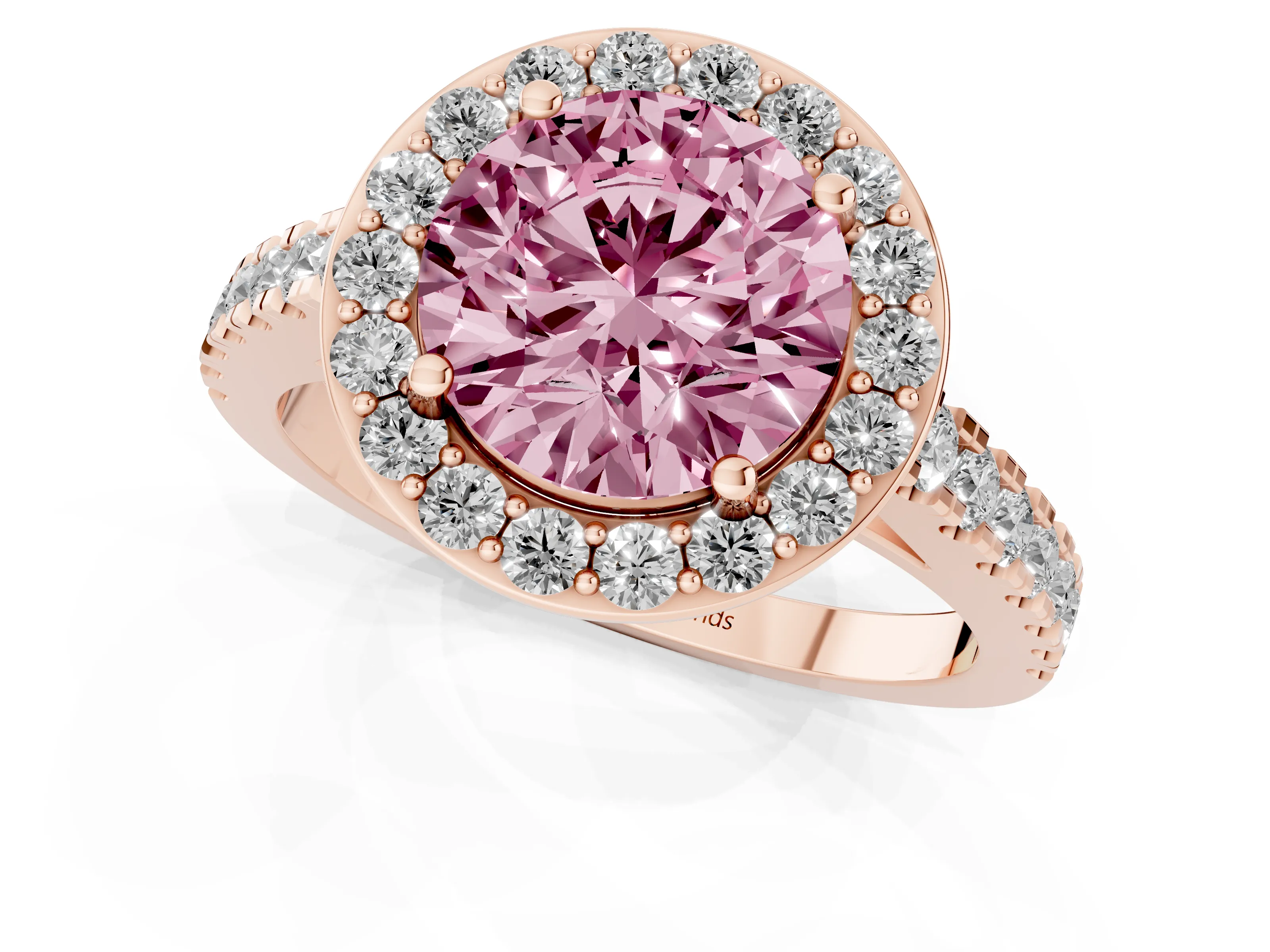 Fancy Pink Round Cut Diamond Halo Ring Set in Rose gold with Round Pavé Split Shank and Prong Setting