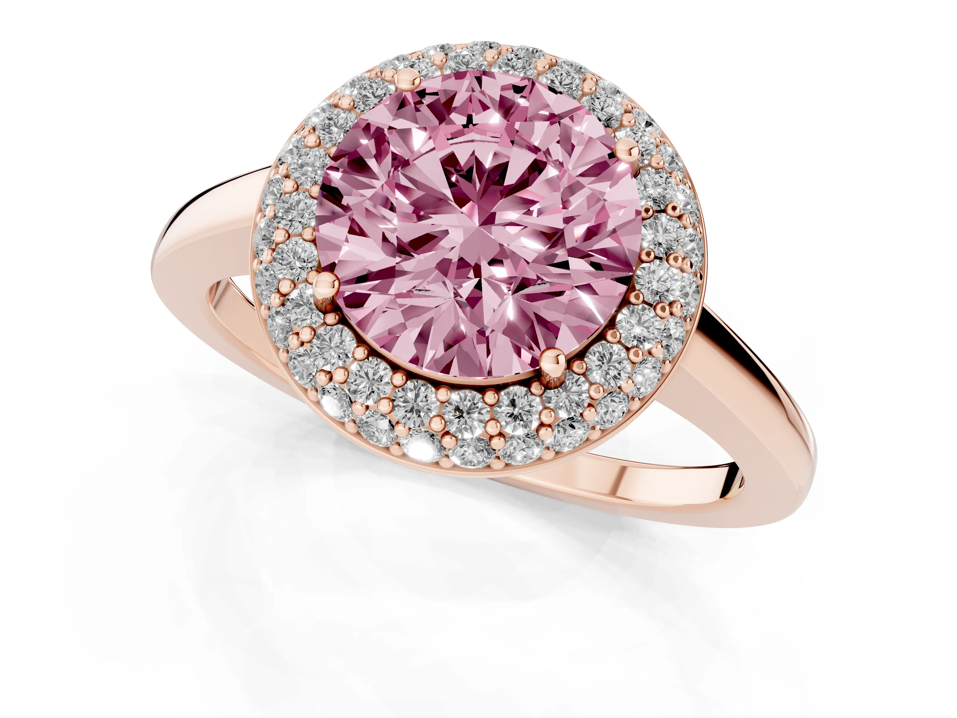 Fancy Pink Round Cut Diamond Halo Engagement Ring Set in Rose gold with Solitaire Band and Prong Setting