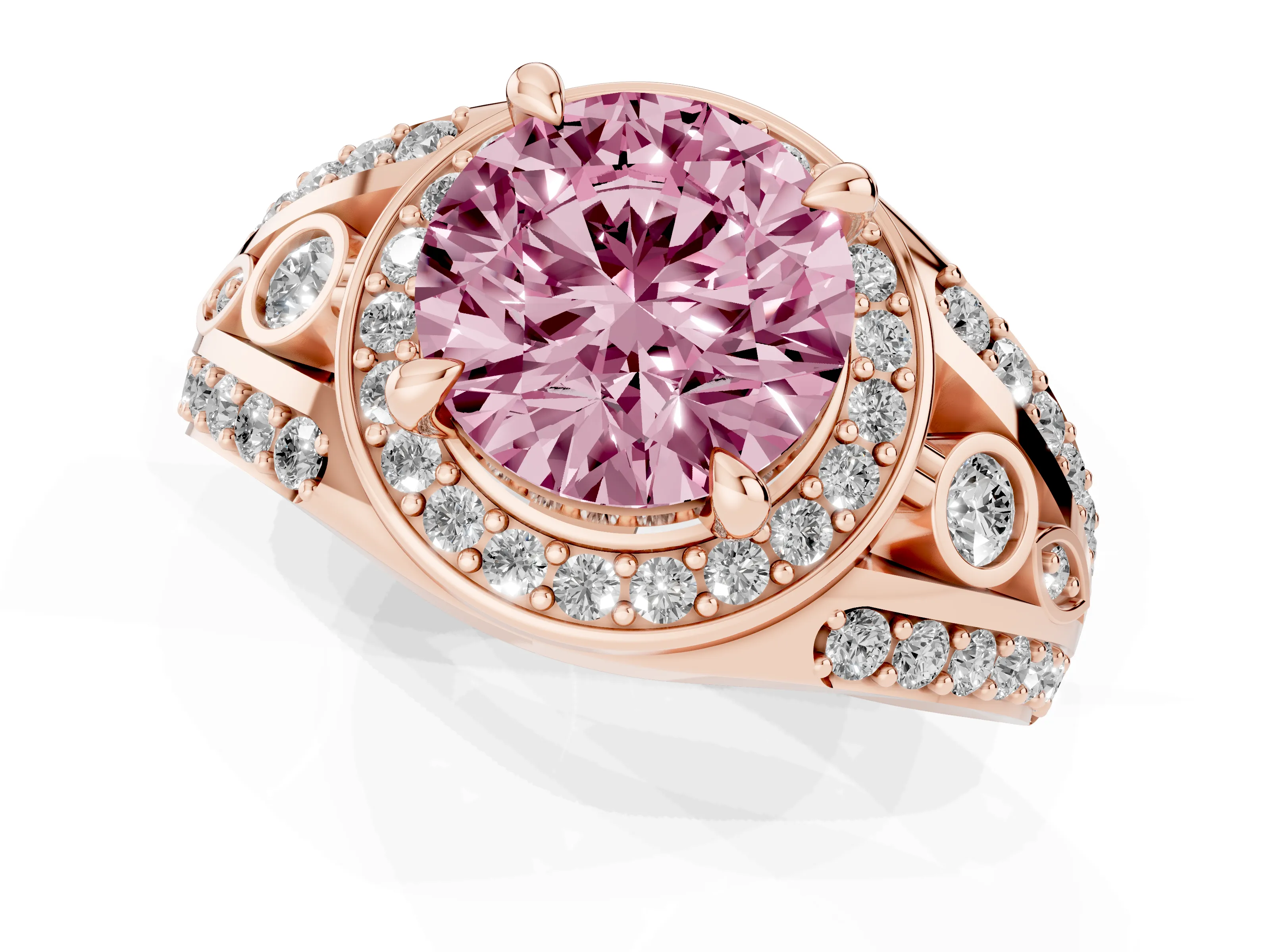 Fancy Pink Round Cut Diamond Halo Ring Set in Rose gold with Pavé Split Shank and Bezel Accents