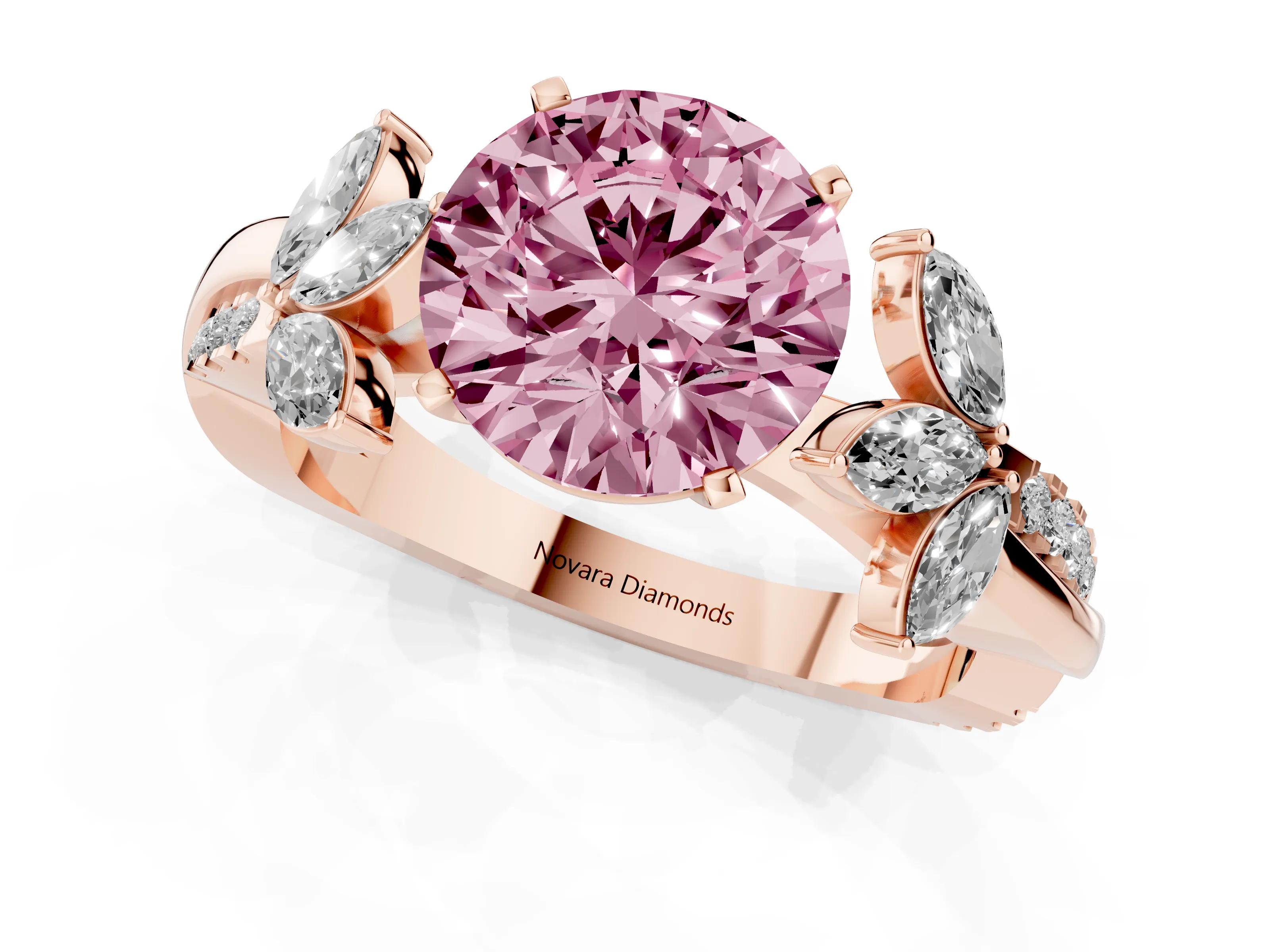 Fancy Pink Round Cut Diamond Floral Vine Solitaire Engagement Ring Set in Rose gold with Marquise Leaves