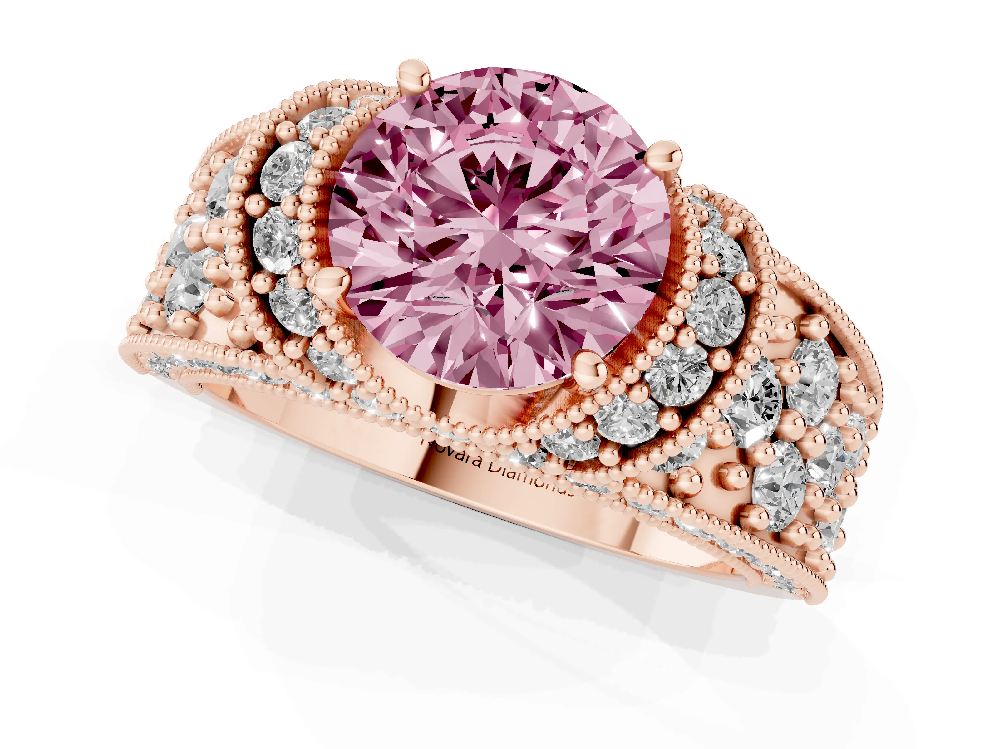 Fancy Pink Round Cut Diamond Milgrain Halo Pavé Engagement Ring Set in Rose gold with Prong Setting