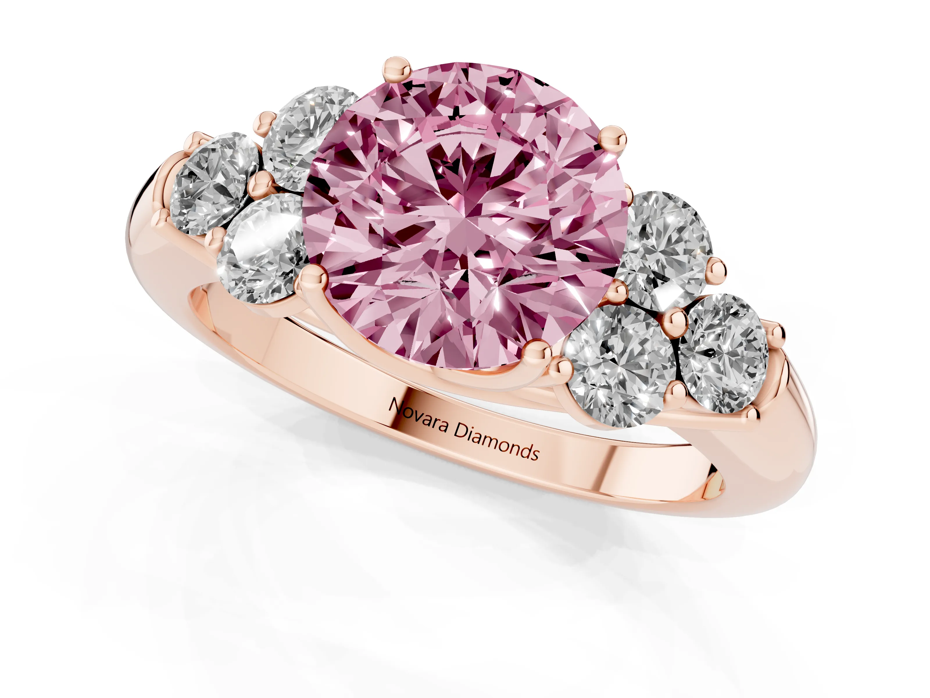 Fancy Pink Round Cut Diamond Cluster Ring Set in Rose gold with Round Accent Stones and Prong Setting on a Plain Band