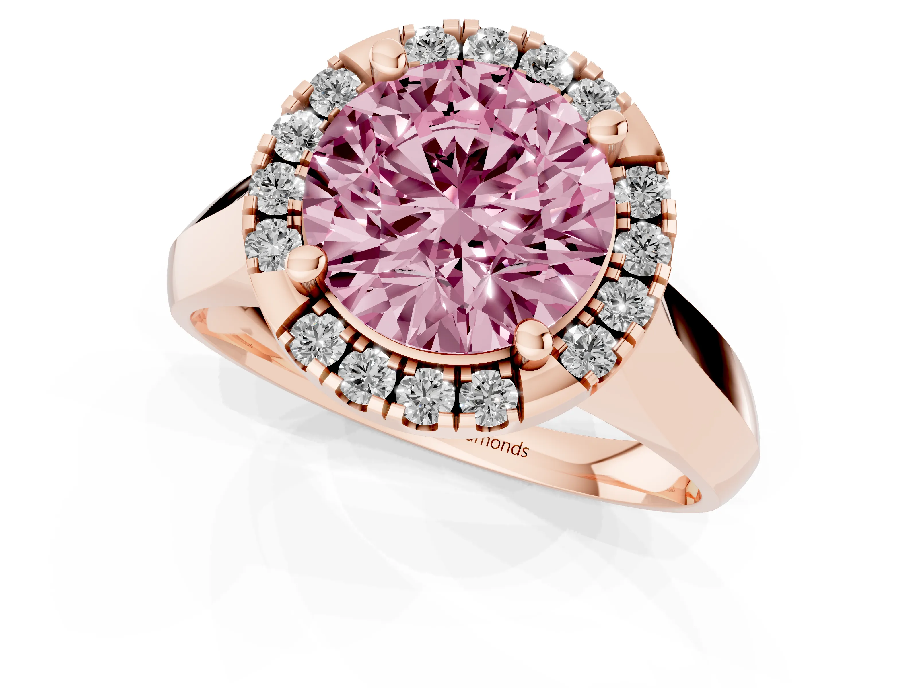 Fancy Pink Round Cut Diamond Halo Solitaire Engagement Ring Set in Rose gold with Square Band and Prong Setting