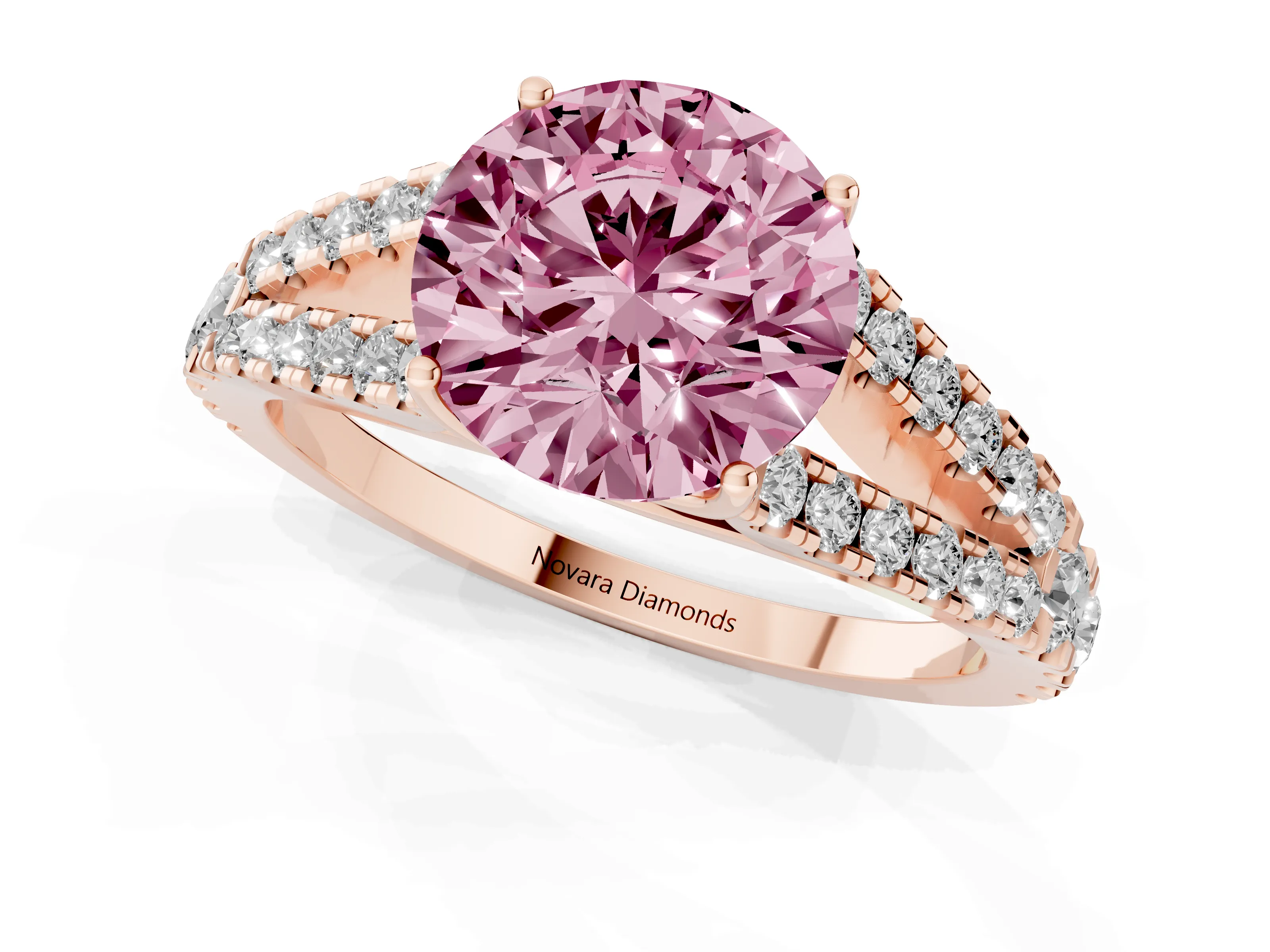Fancy Pink Round Cut Diamond Split Shank Pavé Engagement Ring Set in Rose gold with Prong-Held Center Stone