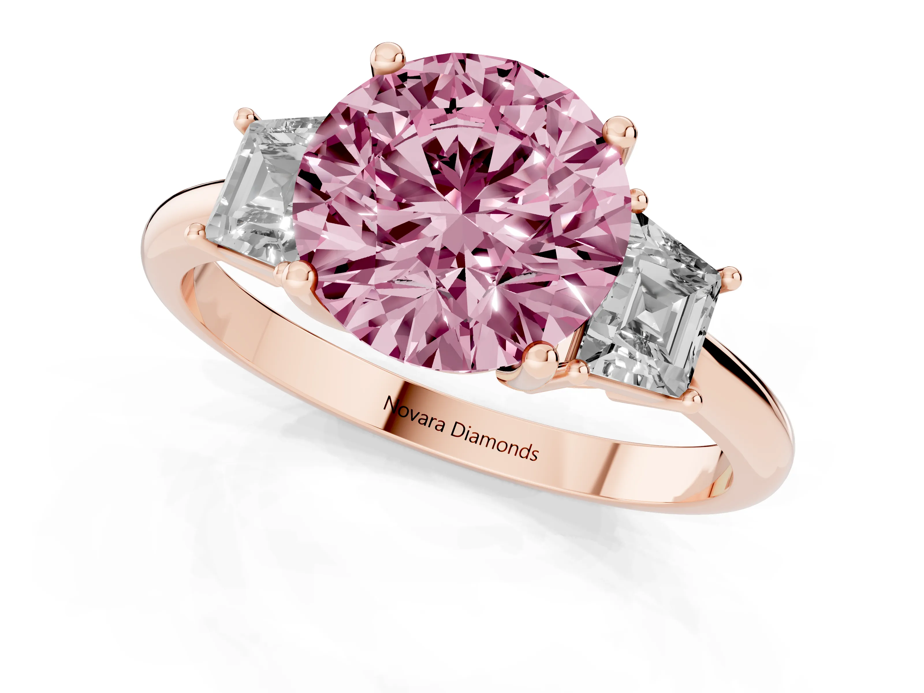Fancy Pink Round Cut Diamond Three-Stone Ring Set in Rose gold with Trapezoid Side Stones and Prong Setting – second view