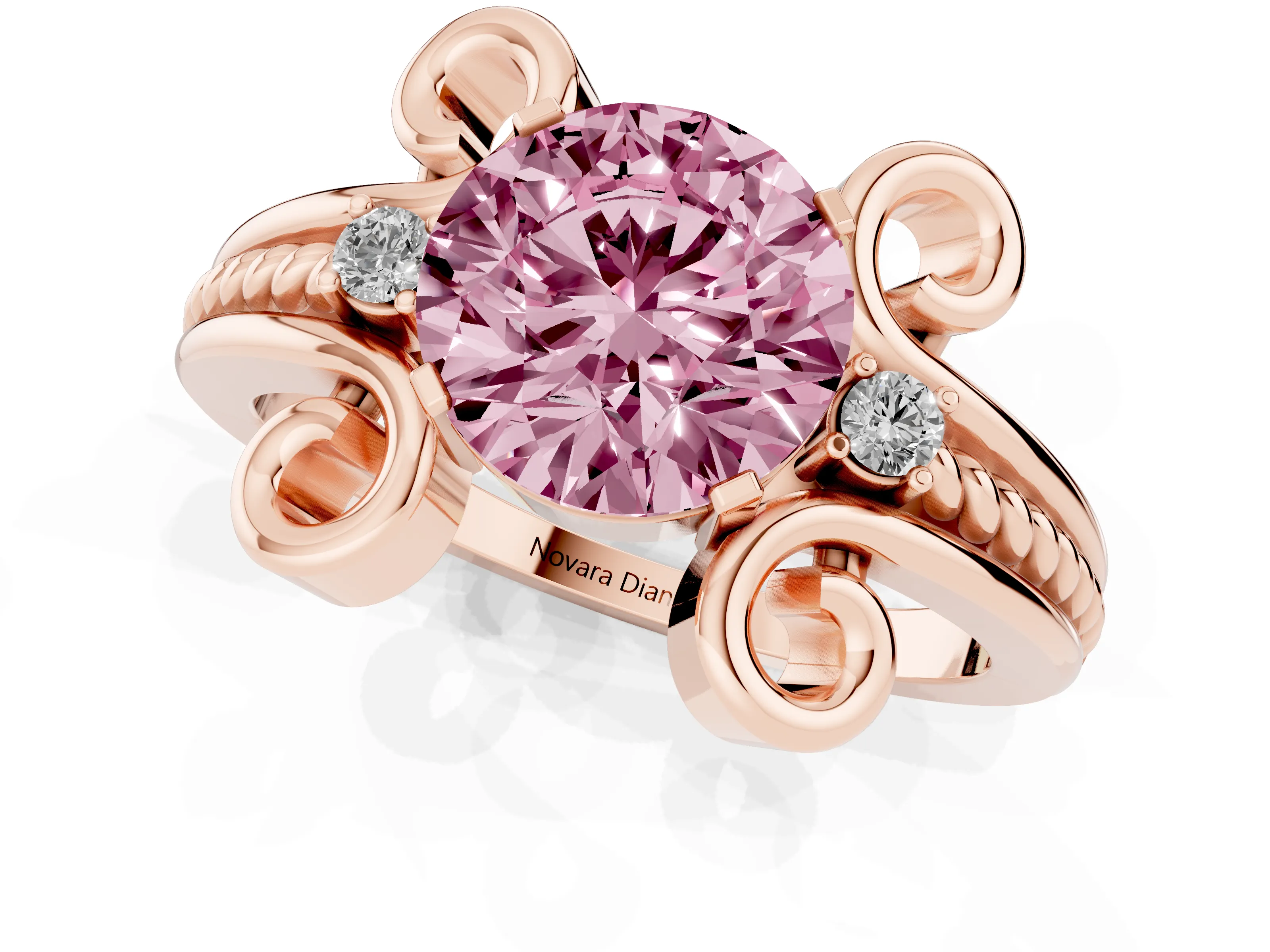Fancy Pink Round Cut Diamond Twisted Band Solitaire Ring Set in Rose gold with Scroll Prongs