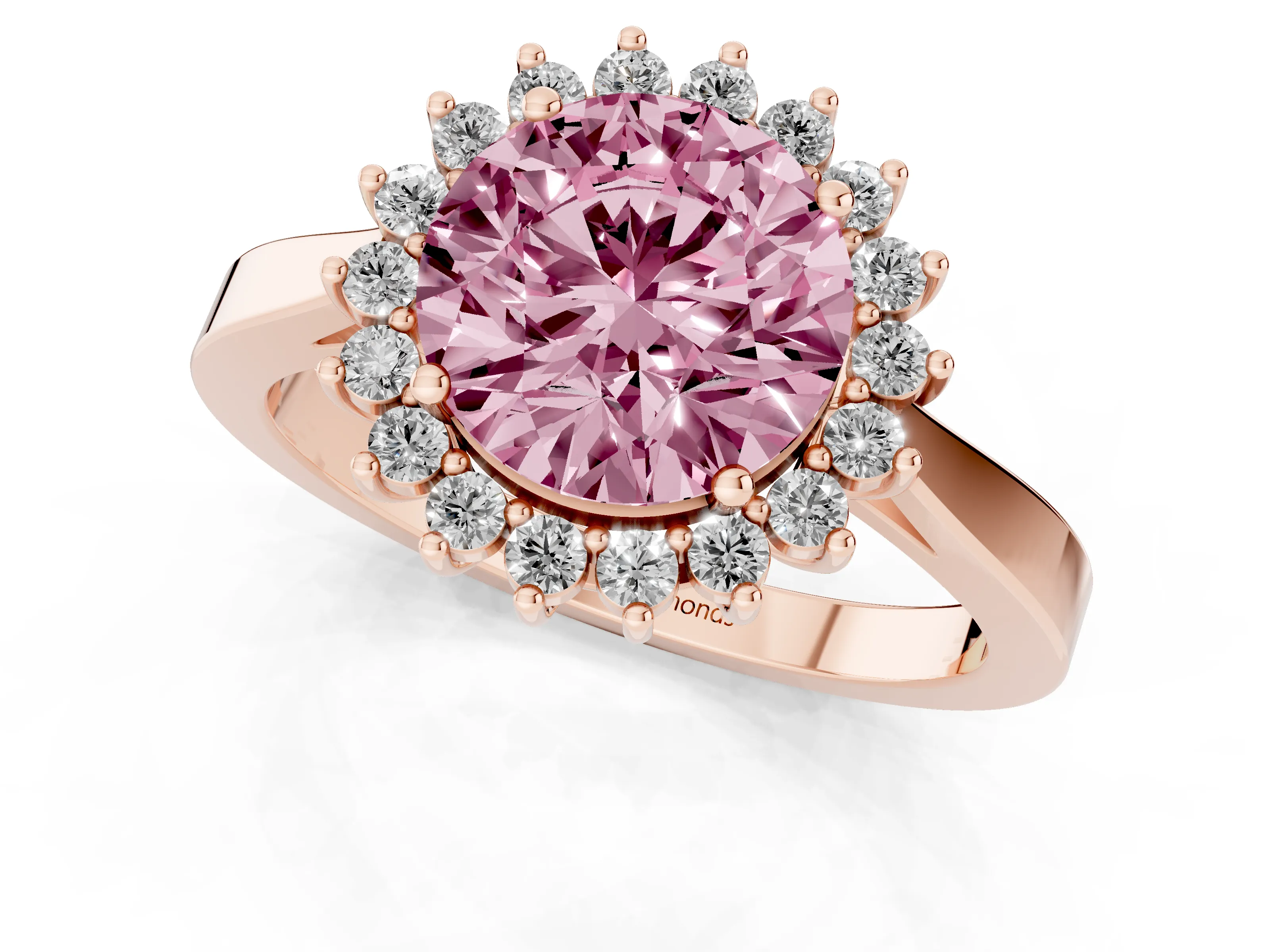 Fancy Pink Round Cut Diamond Halo Ring Set in Rose gold with Round Halo and Smooth Solitaire Band