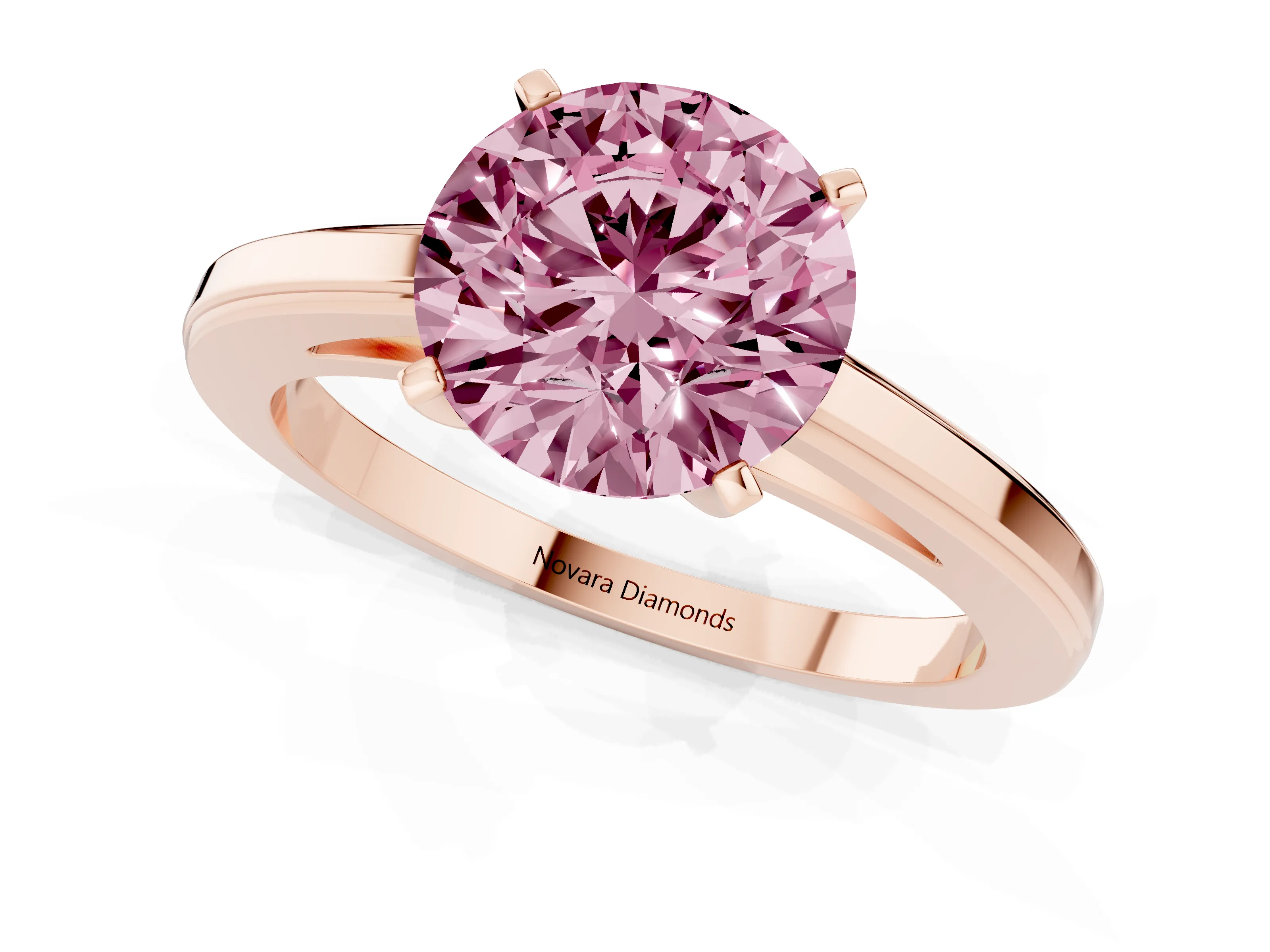 Fancy Pink Round Cut Diamond Solitaire Ring Set in Rose gold with Prong Setting and Classic Band