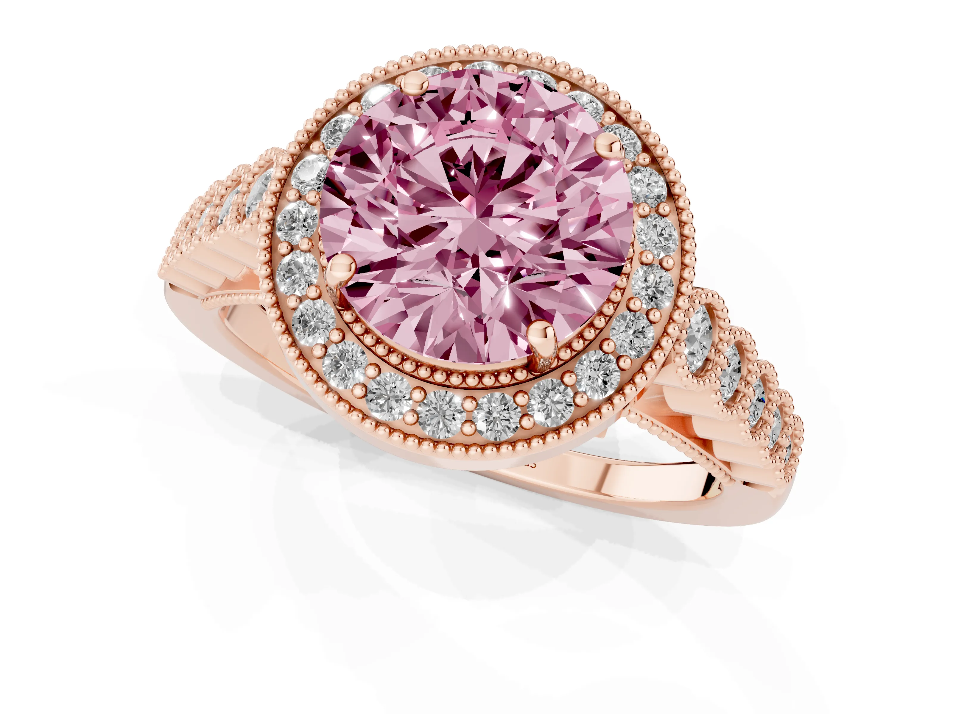 Fancy Pink Round Cut Diamond Milgrain Halo Solitaire Ring Set in Rose gold with Bezel Set Side Stones and Pavé Band