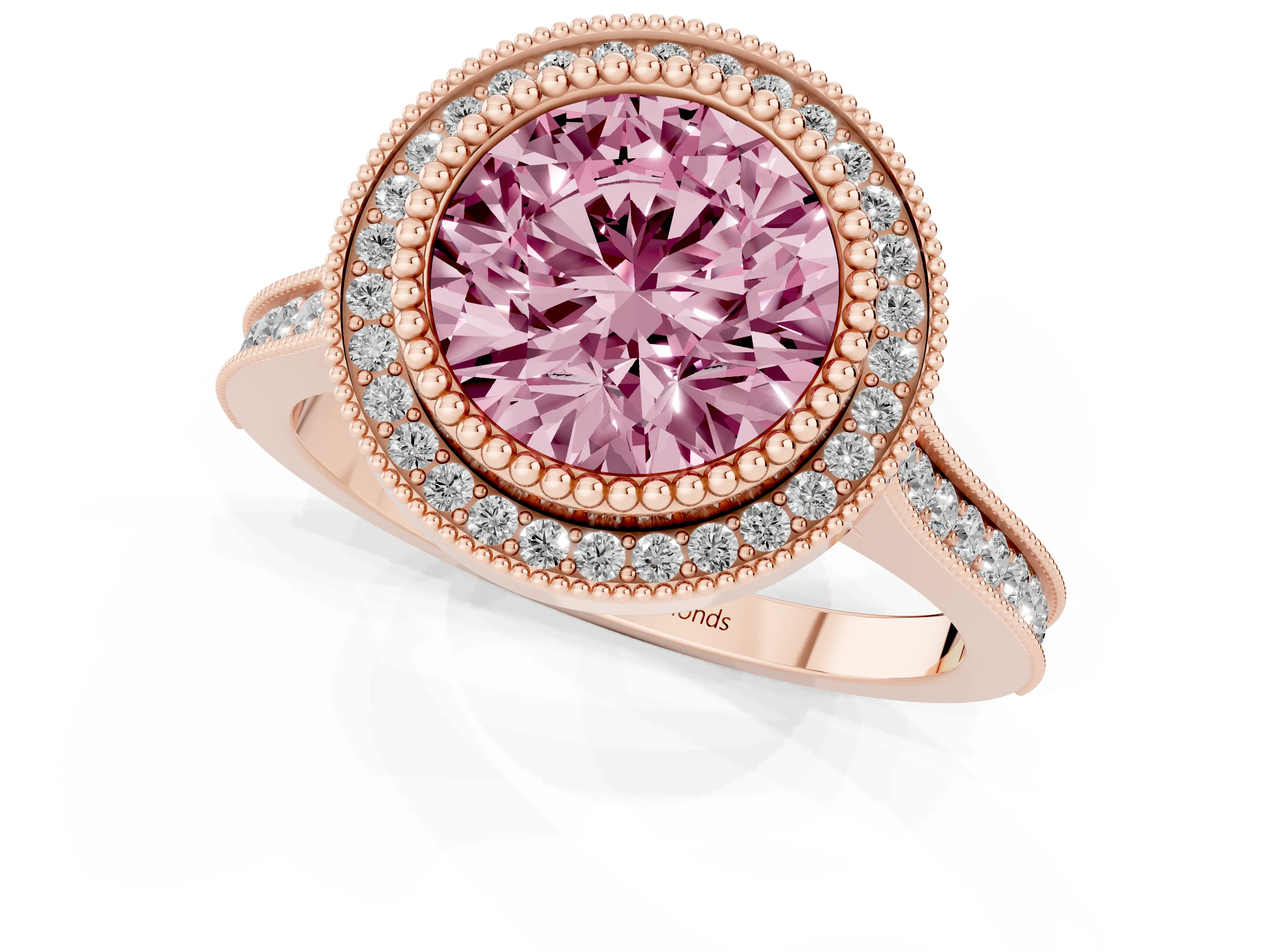 Fancy Pink Round Cut Diamond Halo Ring Set in Rose gold with Milgrain Frame and Pavé Band