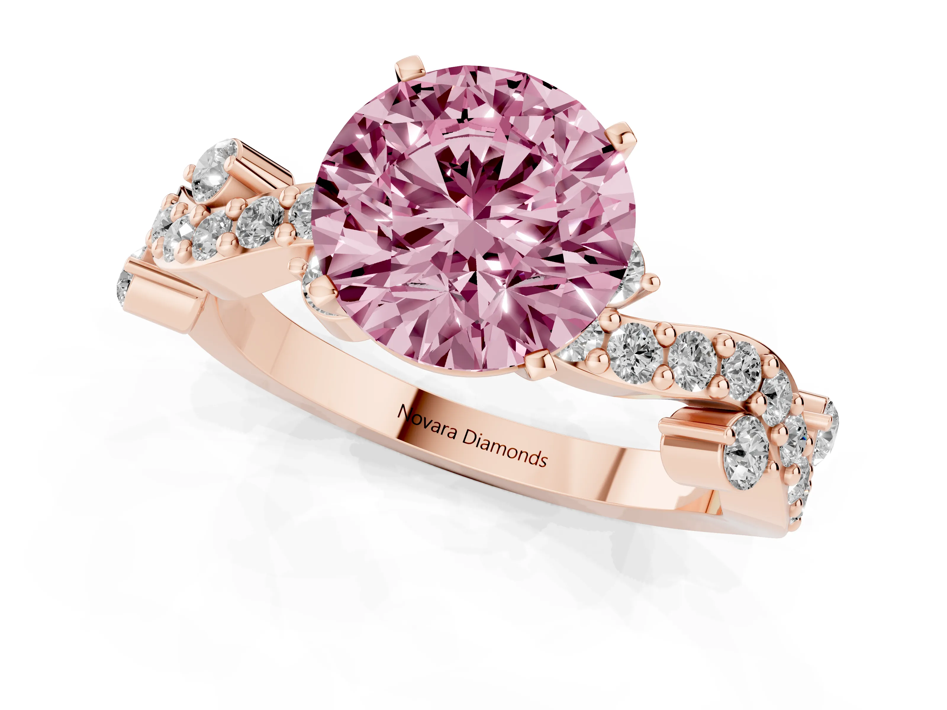 Fancy Pink Round Cut Diamond Solitaire Twisted Band Set in Rose gold with Pavé Setting