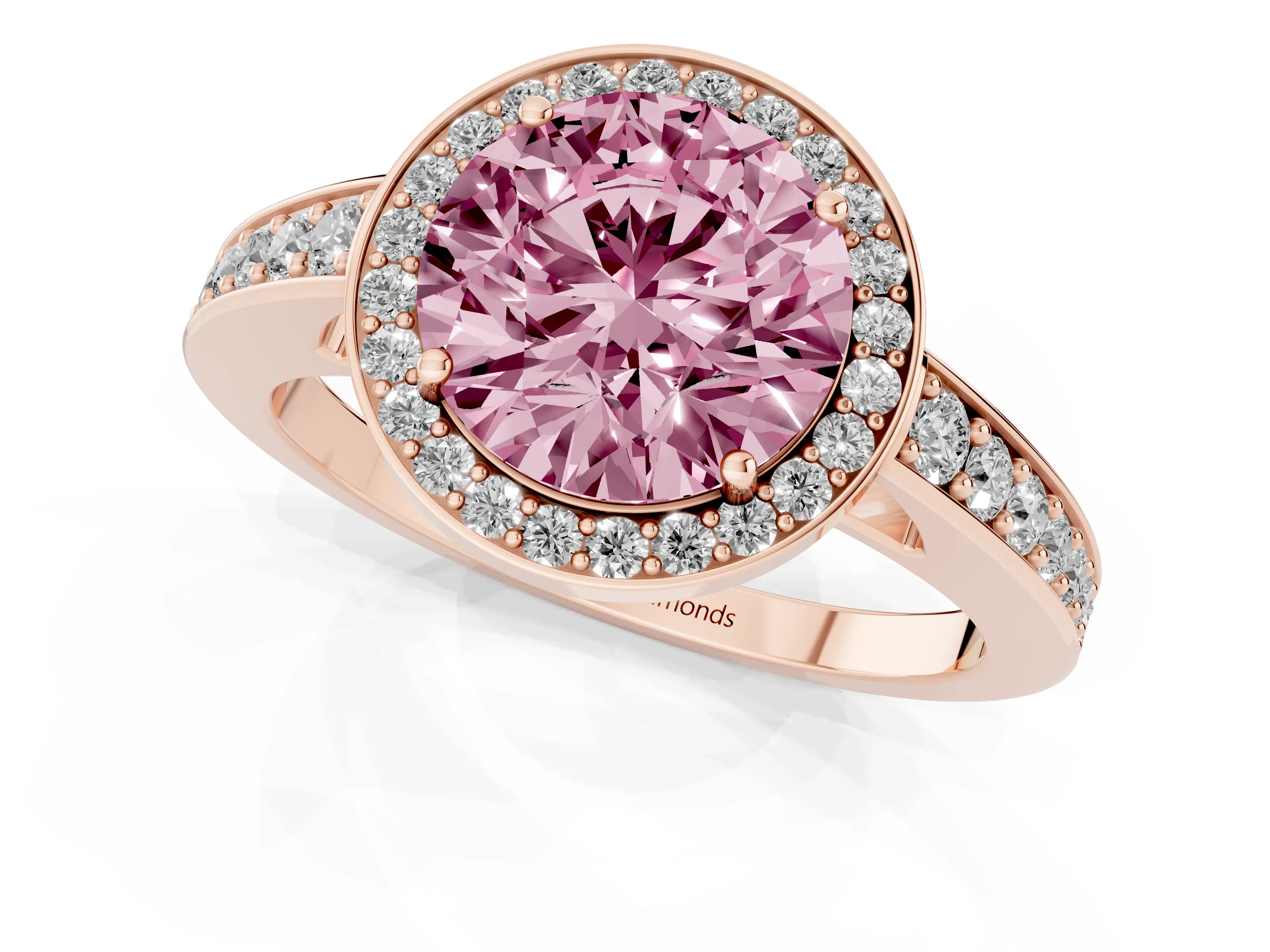Fancy Pink Round Cut Diamond Halo Pavé Engagement Ring Set in Rose gold with Bezel Setting
