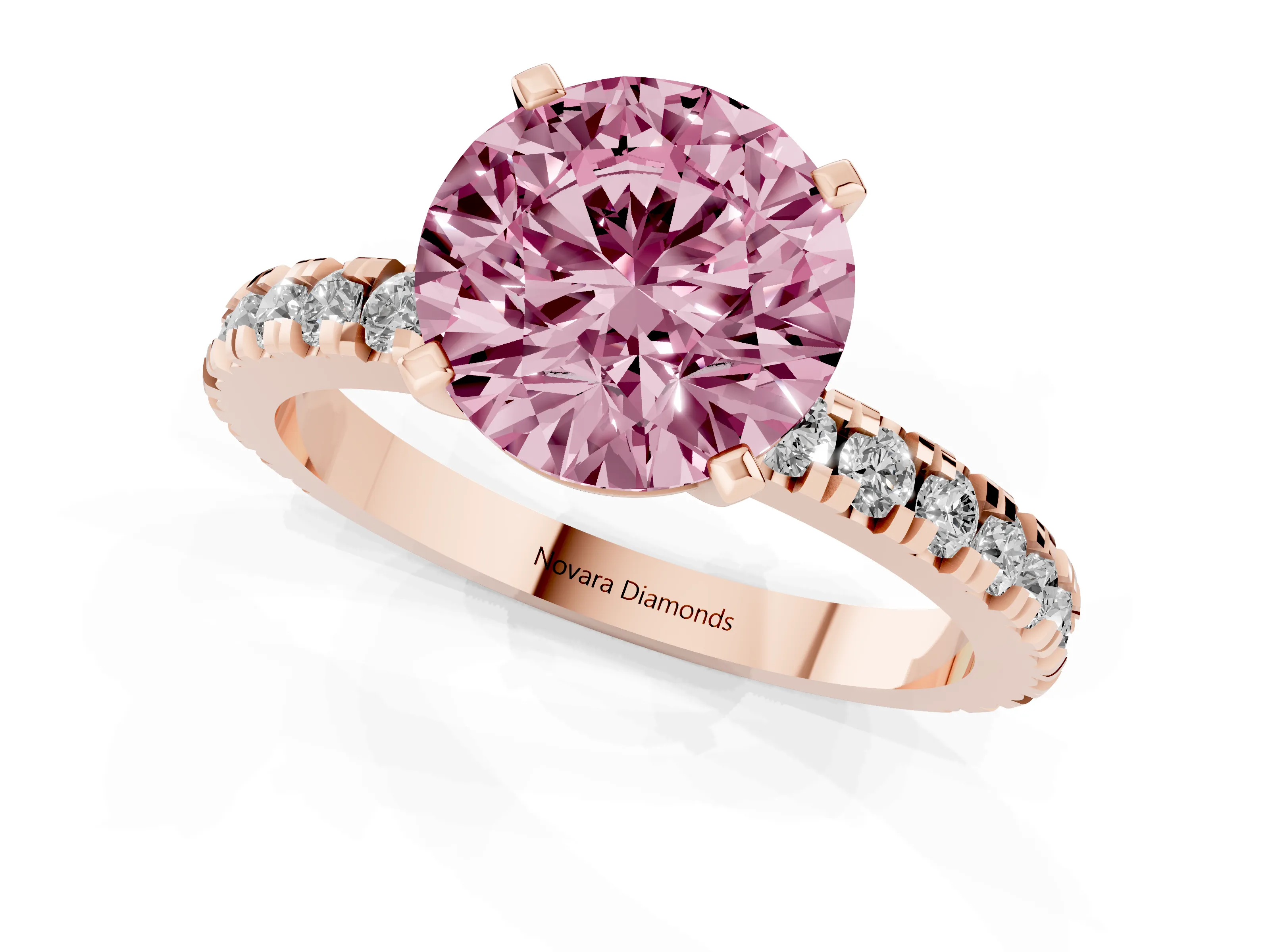 Fancy Pink Round Cut Diamond Pavé Band Solitaire Set in Rose gold with Prong Setting