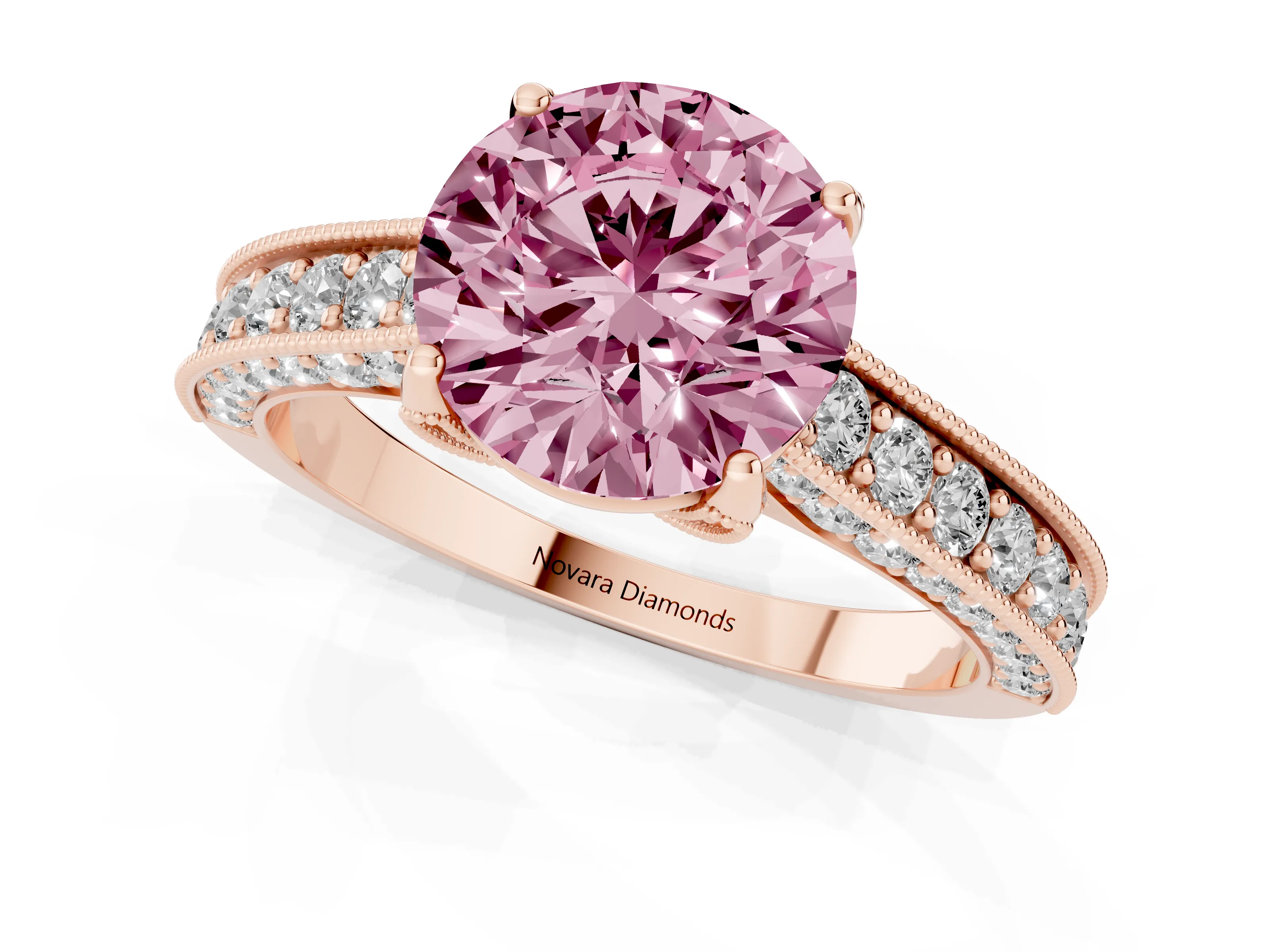 Fancy Pink Round Cut Diamond Solitaire Ring Set in Rose gold with Milgrain-Edged Pavé Band and Prong Setting