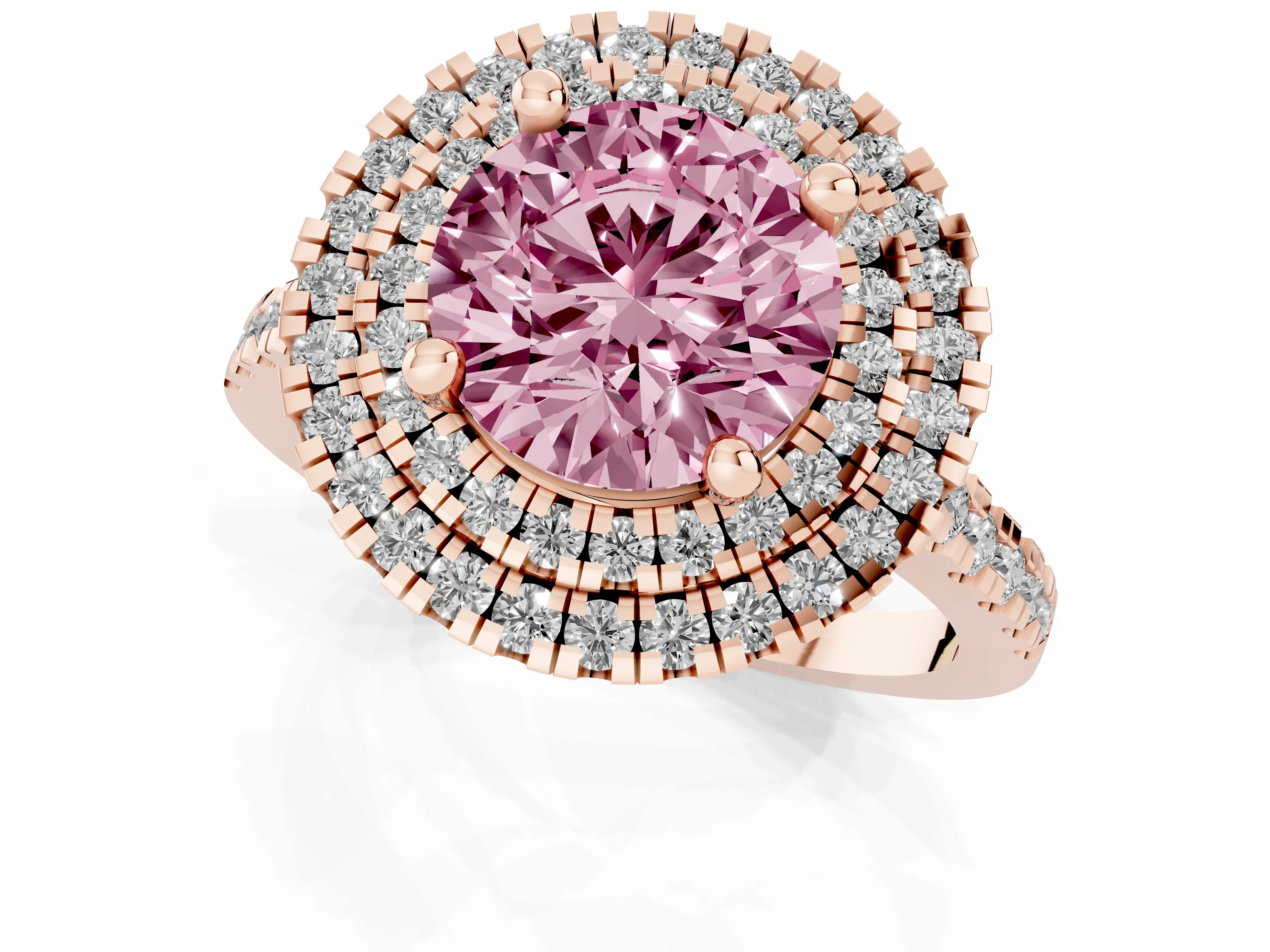 Fancy Pink Round Cut Diamond Double Halo Statement Ring Set in Rose gold with Pavé Band