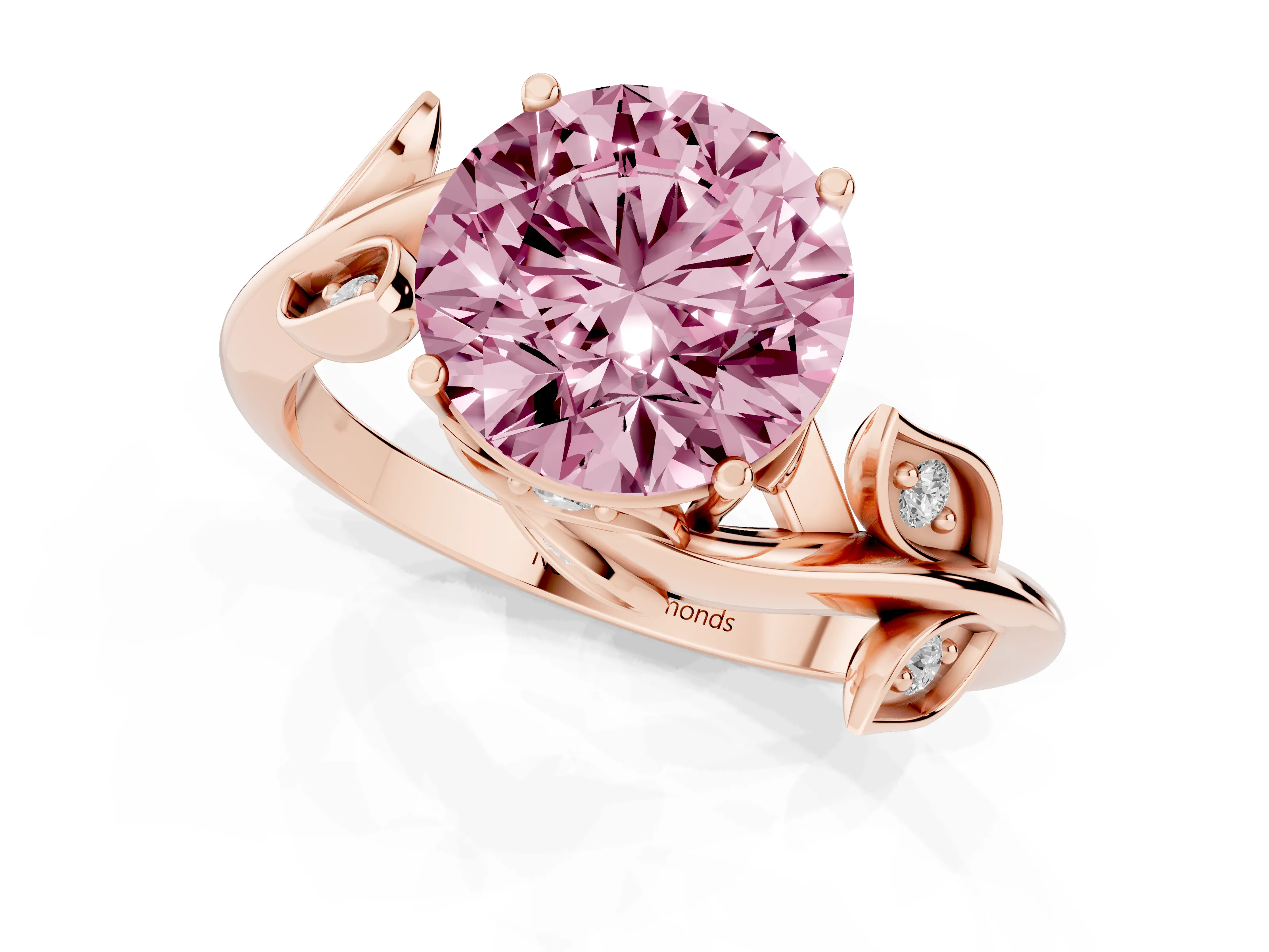 Fancy Pink Round Cut Diamond Solitaire Twist Engagement Ring Set in Rose gold with Pavé Leaf Accents