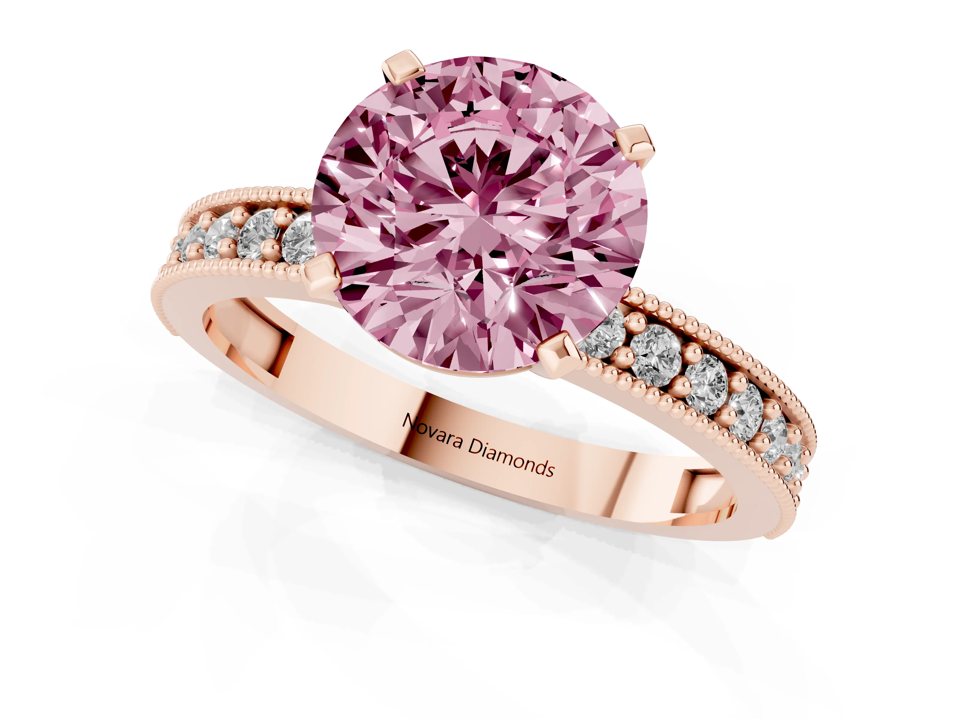Fancy Pink Round Cut Diamond Milgrain Pavé Engagement Ring Set in Rose gold with Prong Setting