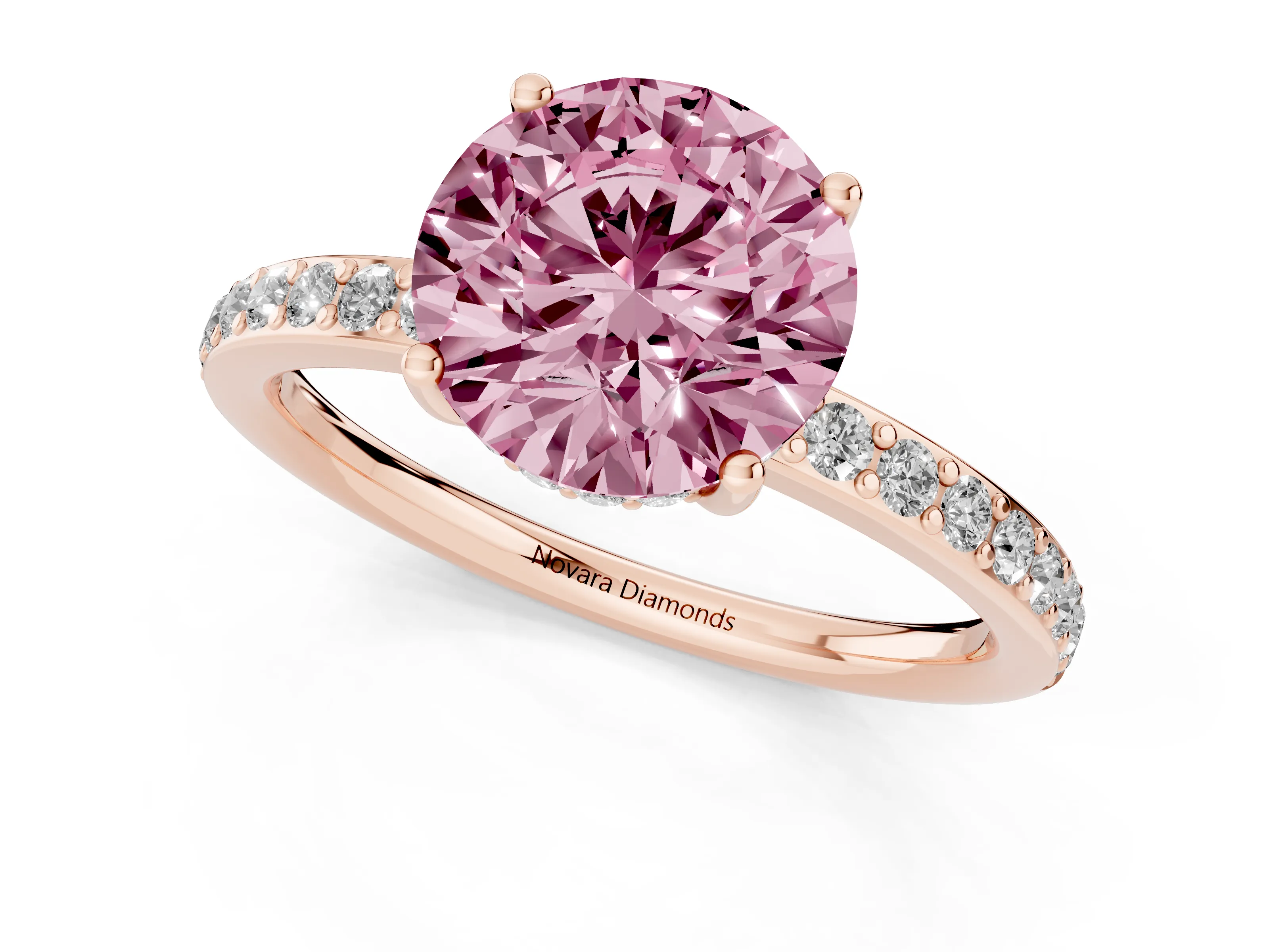Fancy Pink Round Cut Diamond Pavé Band Ring Set in Rose gold with Prong-Set Center Stone
