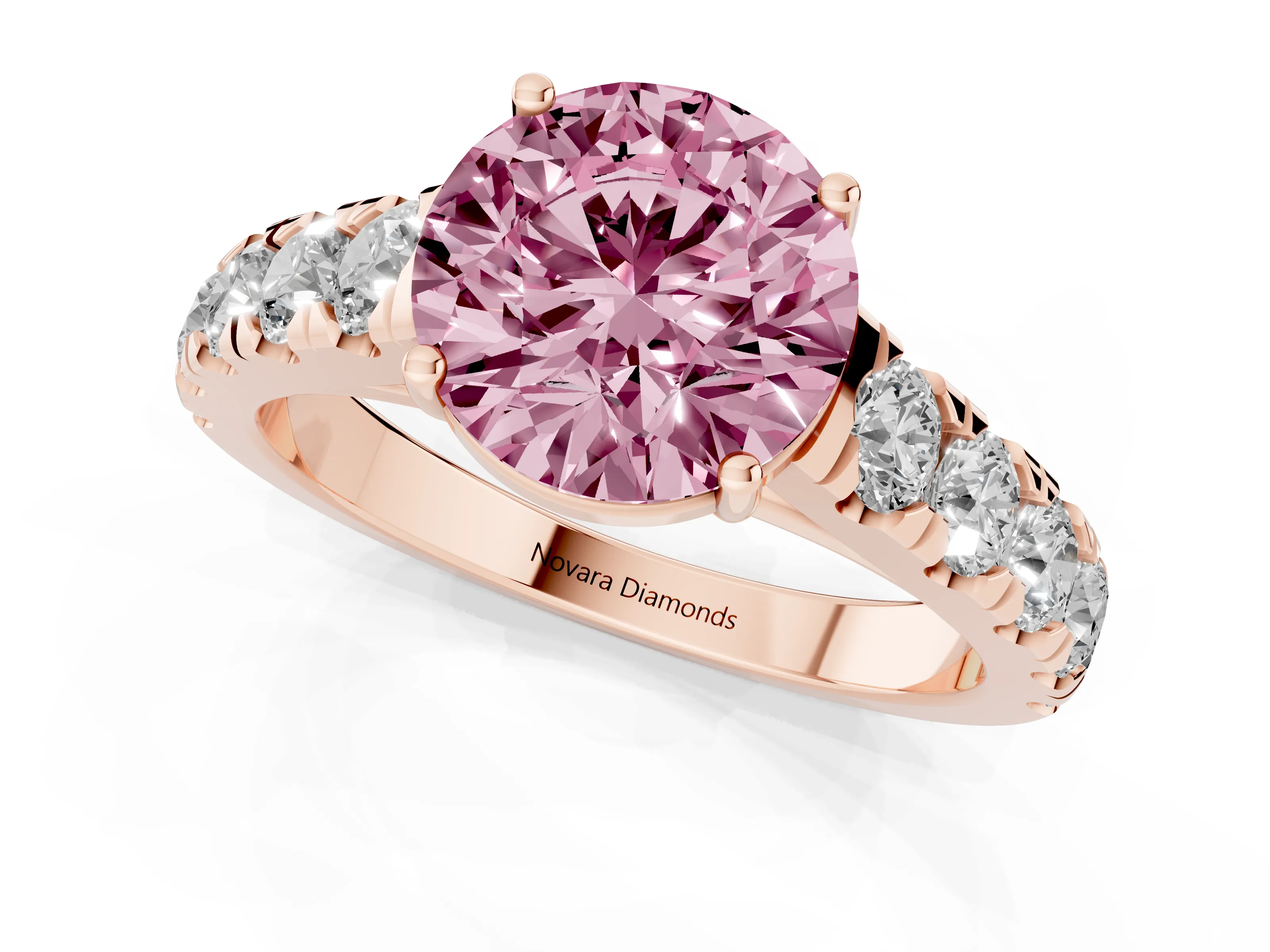 Fancy Pink Round Cut Diamond Solitaire Ring Set in Rose gold with Cut-Down Micro Pavé Band and Prong Setting