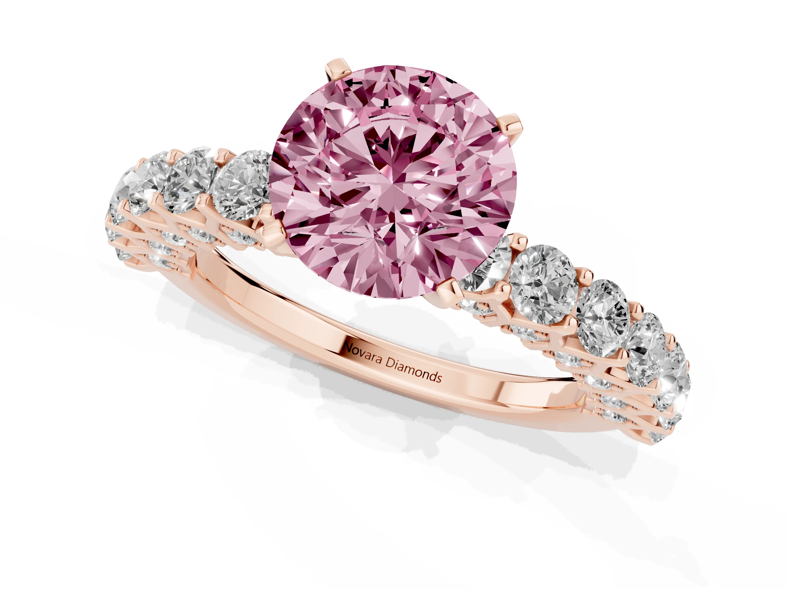 Fancy Pink Round Cut Diamond Solitaire Ring Set in Rose gold with Shared Prong Pavé Band