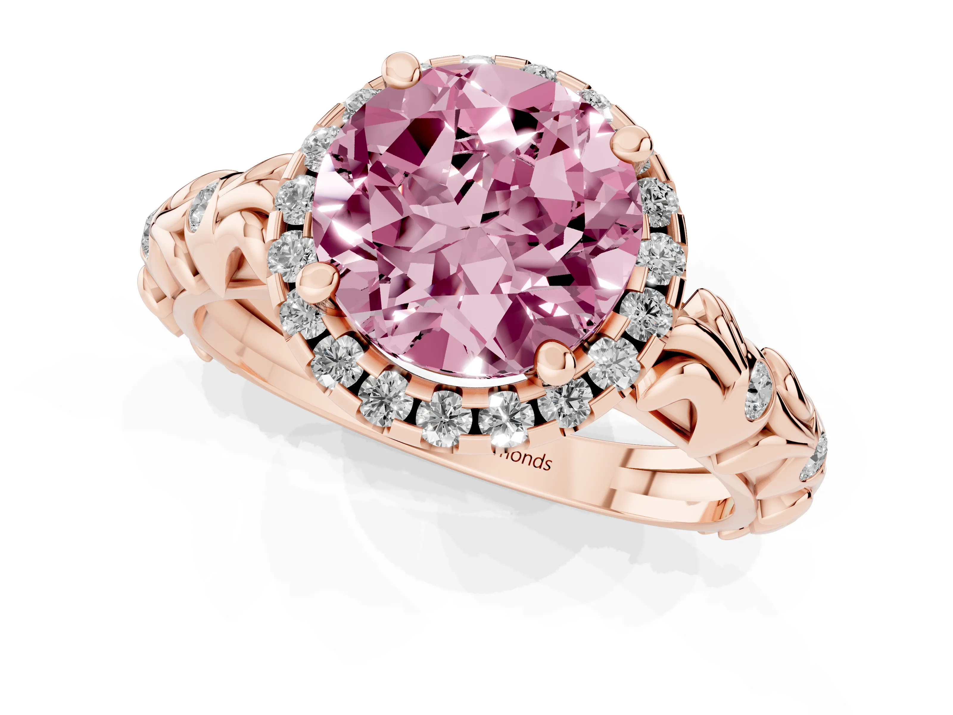 Fancy Pink Round Cut Diamond Halo Ring Set in Rose gold with Filigree Leaf Band and Prong Setting
