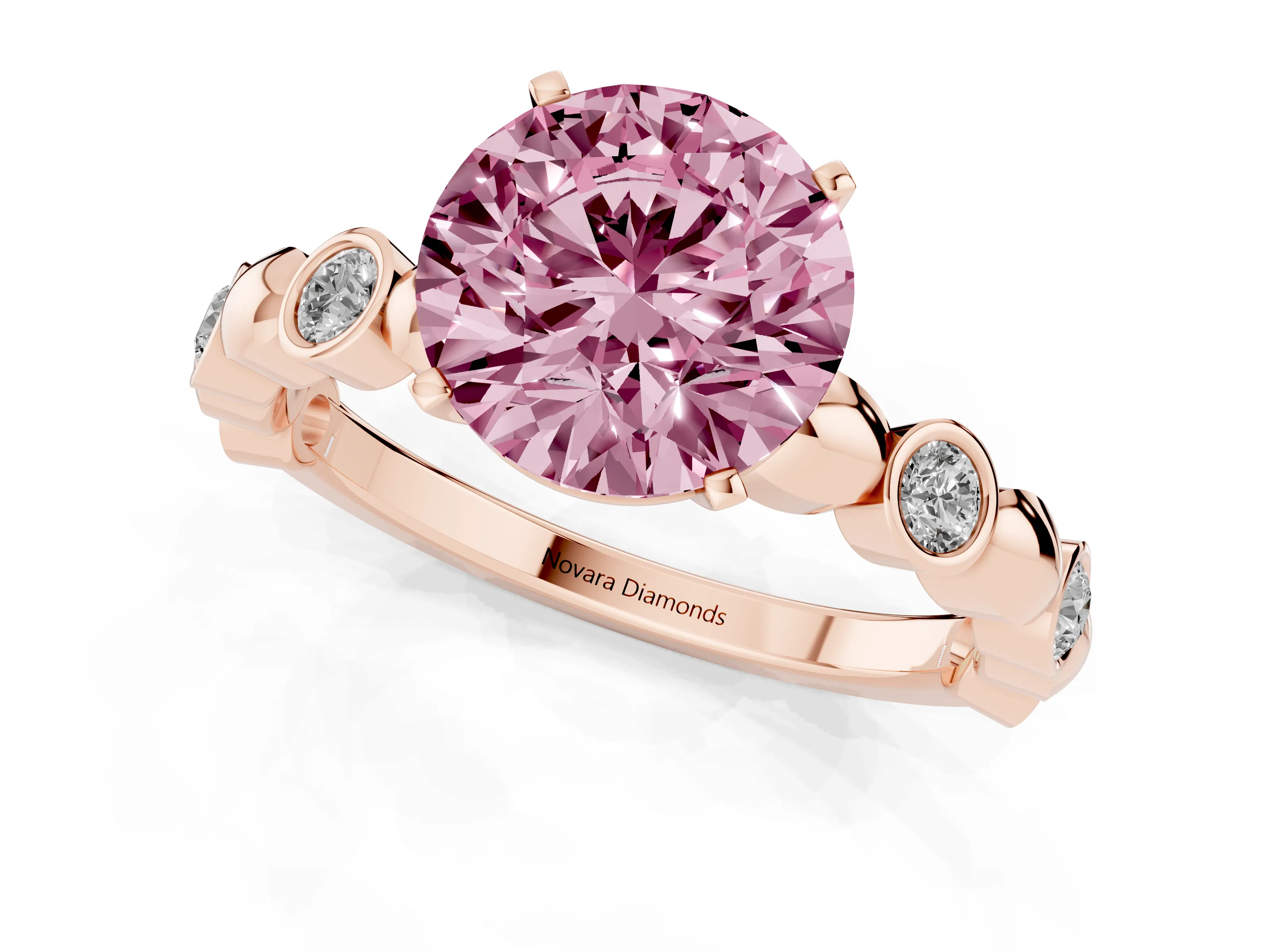 Fancy Pink Round Cut Diamond Solitaire Ring Set in Rose gold with Bezel-Set Accents on Beaded Band and Prong Setting