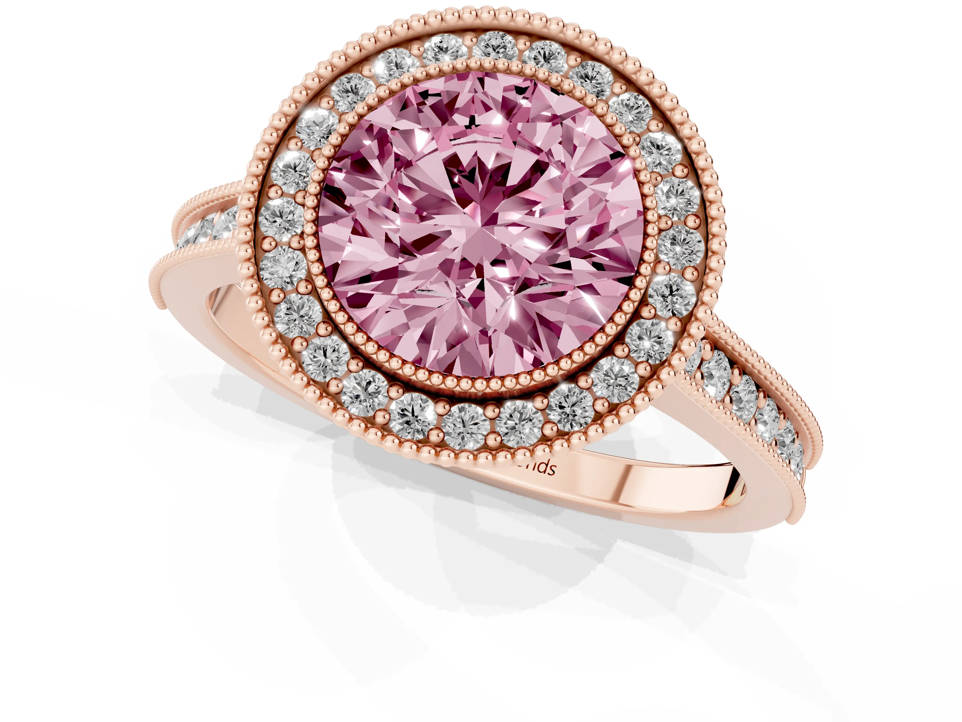 Fancy Pink Round Cut Diamond Halo Milgrain Pavé Band Ring Set in Rose gold with Prong Setting