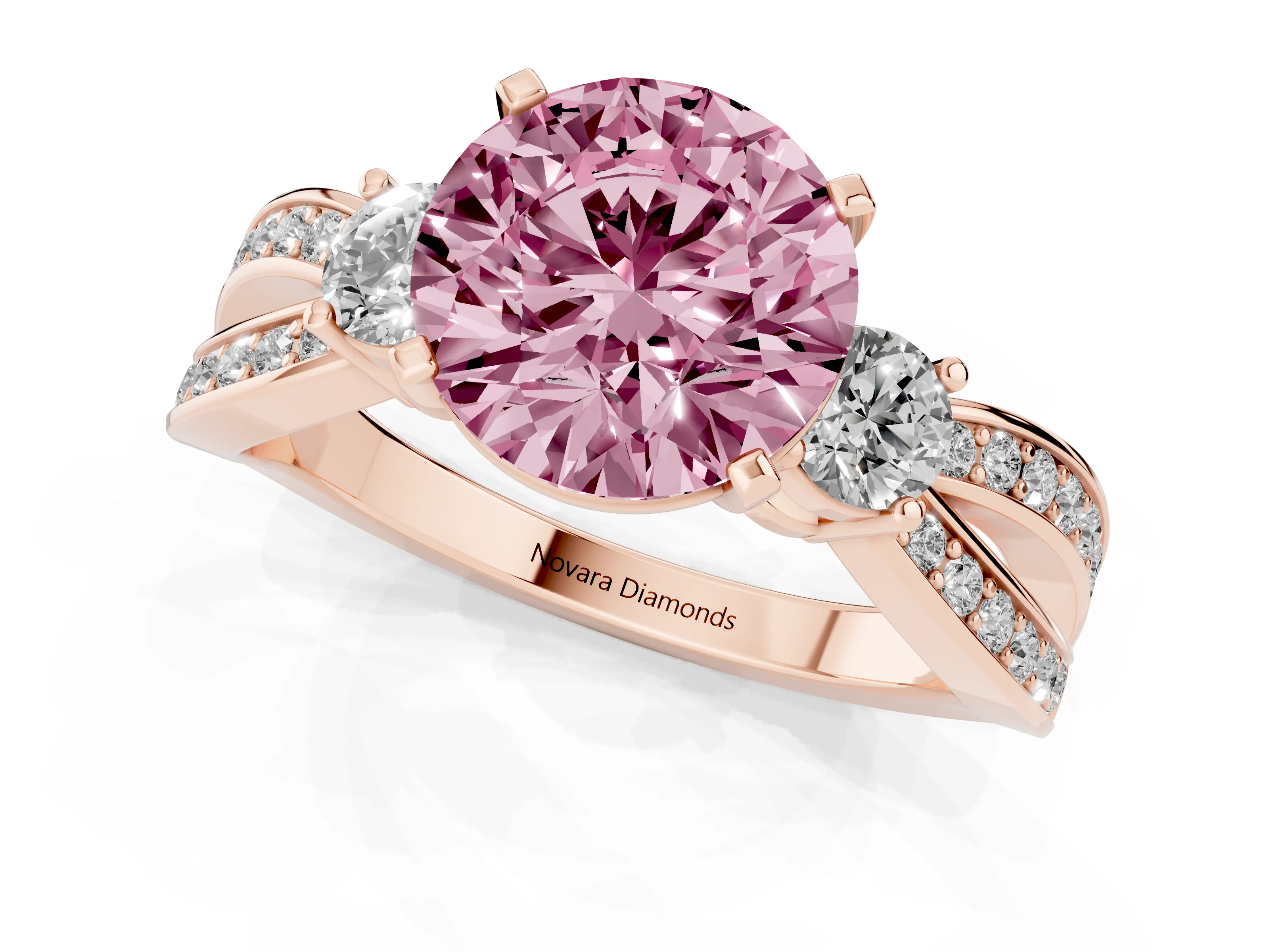 Fancy Pink Three-Stone Round Cut Diamond Twist Band Ring Set in Rose gold with Pavé Accents and Prong Setting