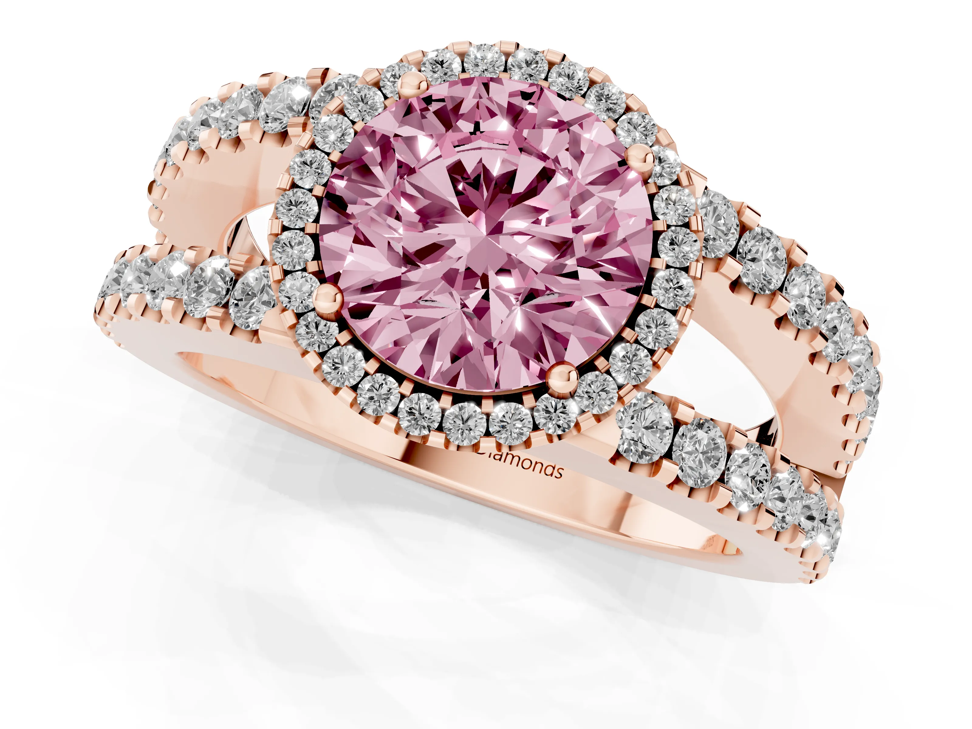 Fancy Pink Round Cut Diamond Halo Ring Set in Rose gold with Pavé Split Shank and Prong Setting