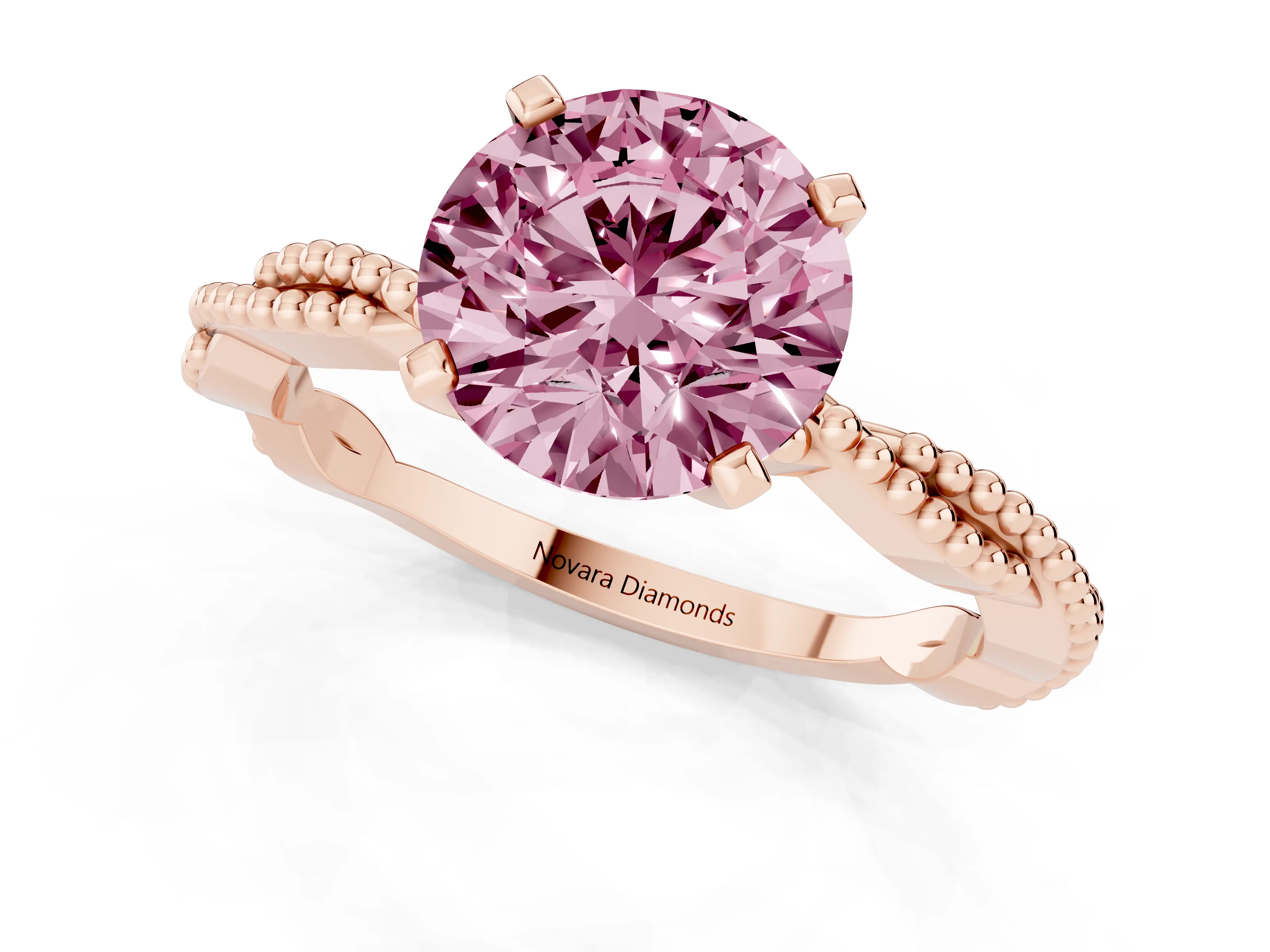 Fancy Pink Round Cut Diamond Solitaire Ring Set in Rose gold with Twisted Band and Bead Prong Setting