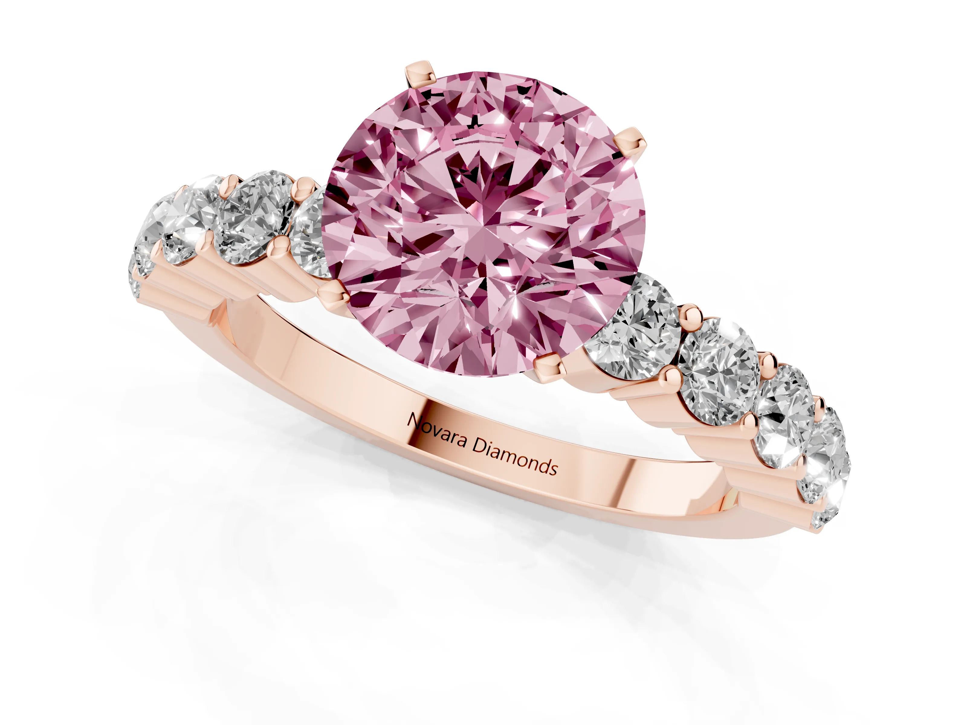 Fancy Pink Round Cut Diamond Solitaire Ring Set in Rose gold with Shared Prong Round Side Stones