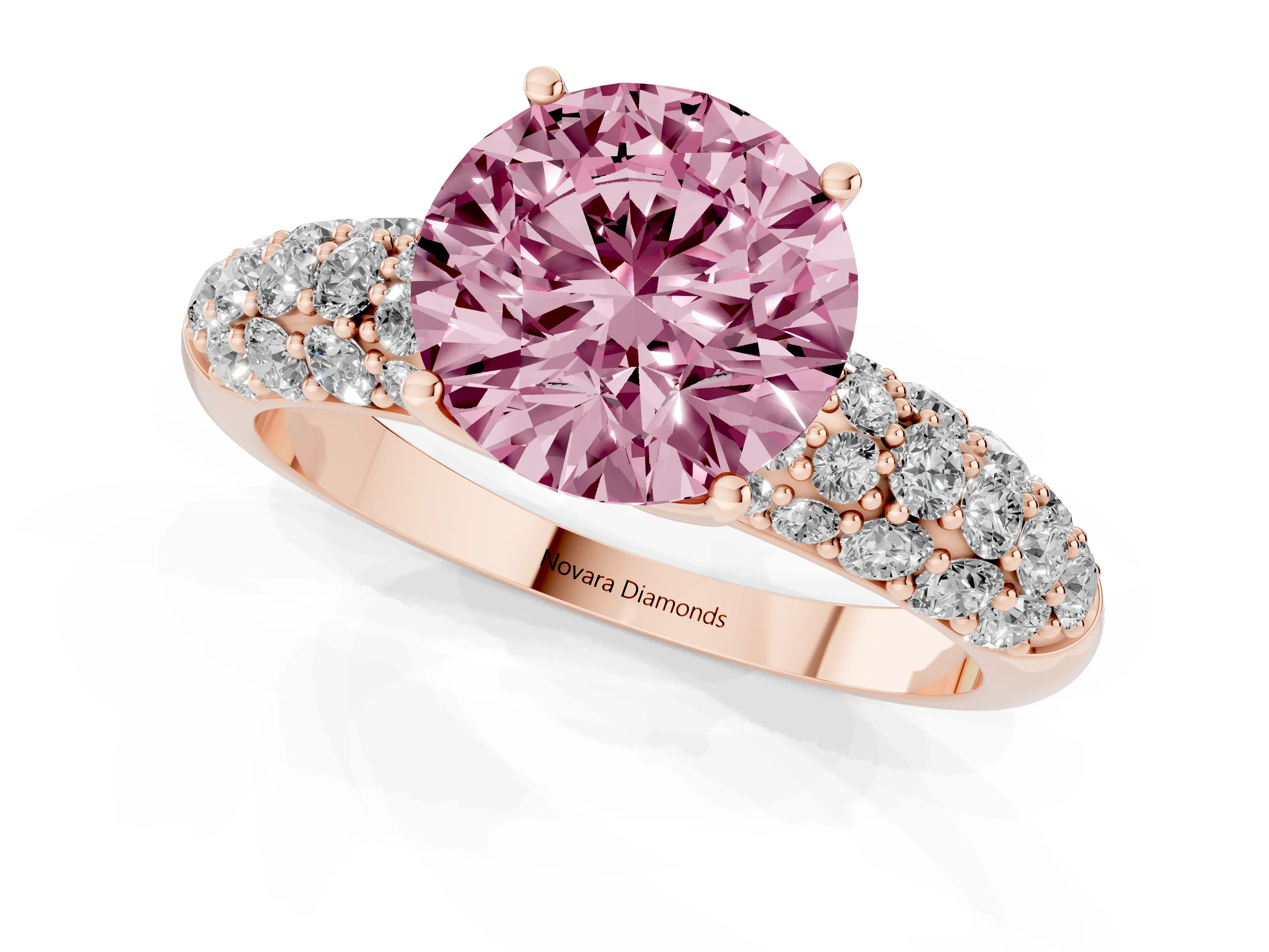 Fancy Pink Round Cut Diamond Pavé Band Solitaire Ring Set in Rose gold with Close-Set Accent Stones and Prong Setting