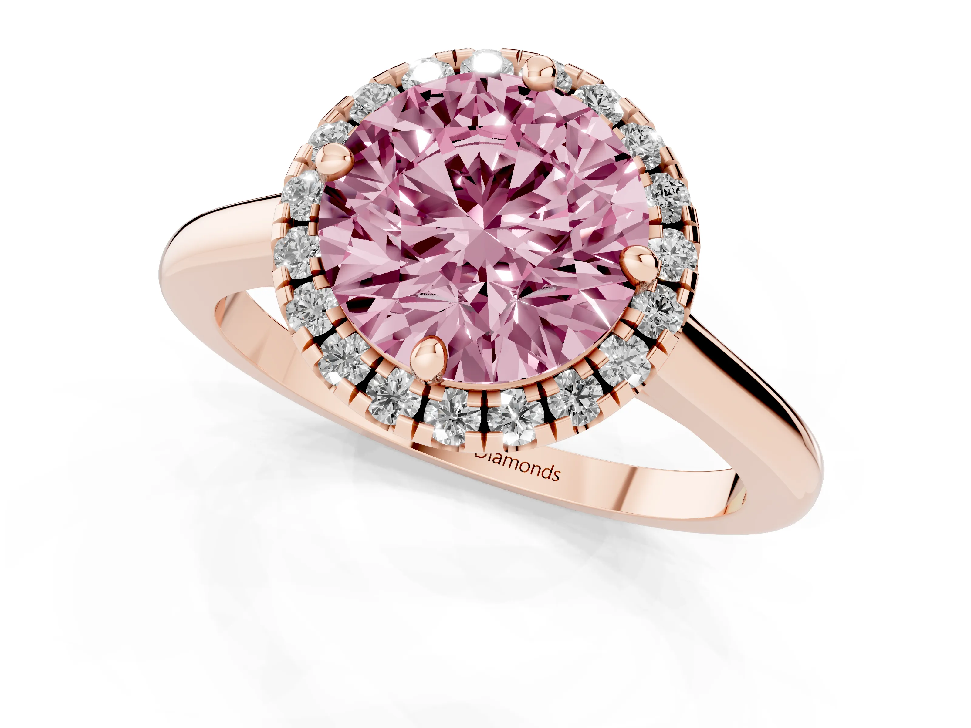Fancy Pink Round Cut Diamond Halo Engagement Ring Set in Rose gold with Pavé Band and Rising Shoulders