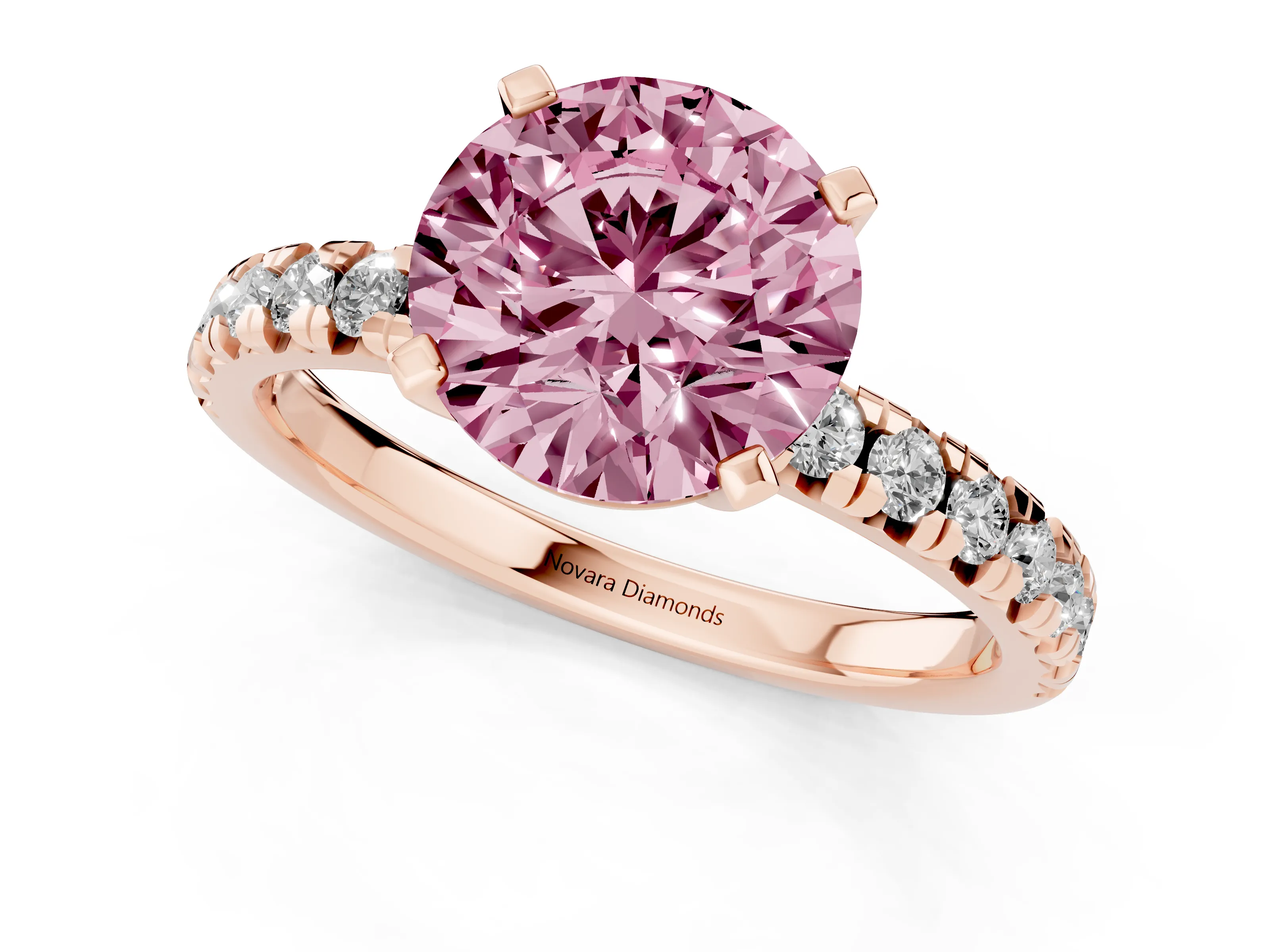 Fancy Pink Round Cut Diamond Solitaire Pavé Engagement Ring Set in Rose gold with Round Band and Prong Setting