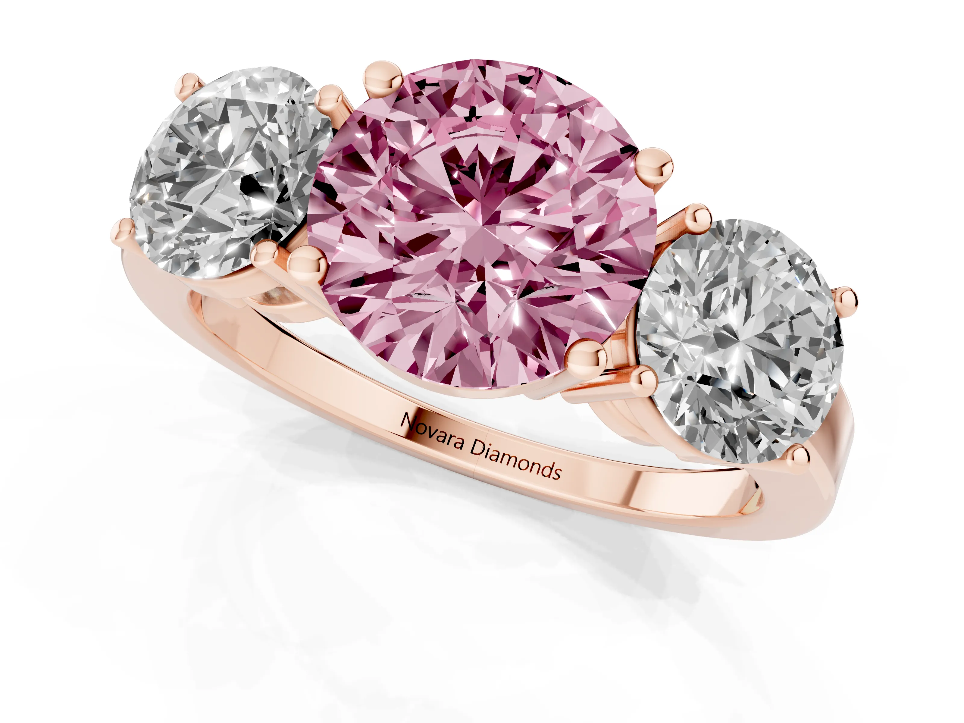 Fancy Pink Round Cut Diamond Three-Stone Engagement Ring Set in Rose gold with Flat Band