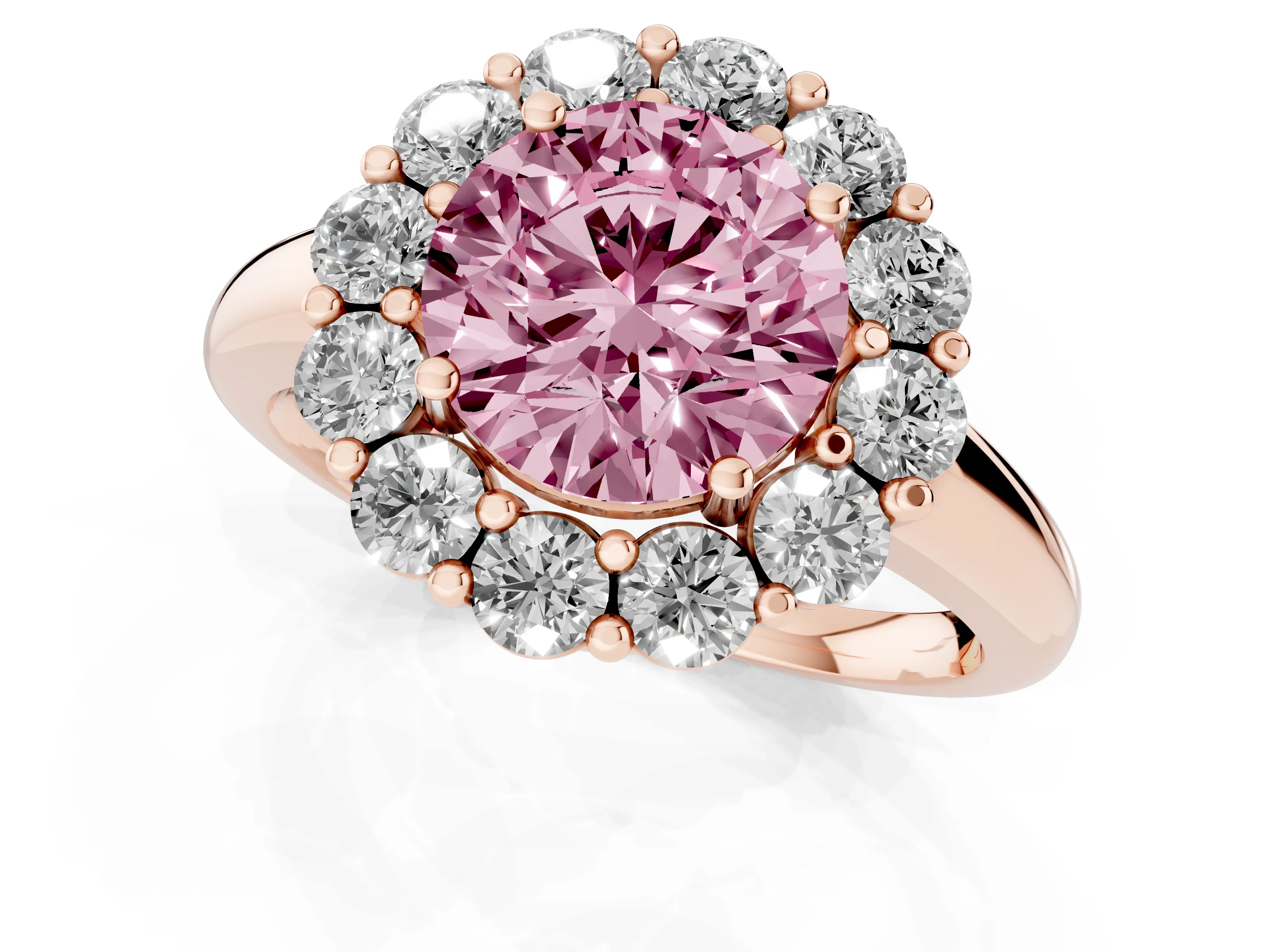 Fancy Pink Round Cut Diamond Halo Cluster Engagement Ring Set in Rose gold with Polished Band and Prong Setting