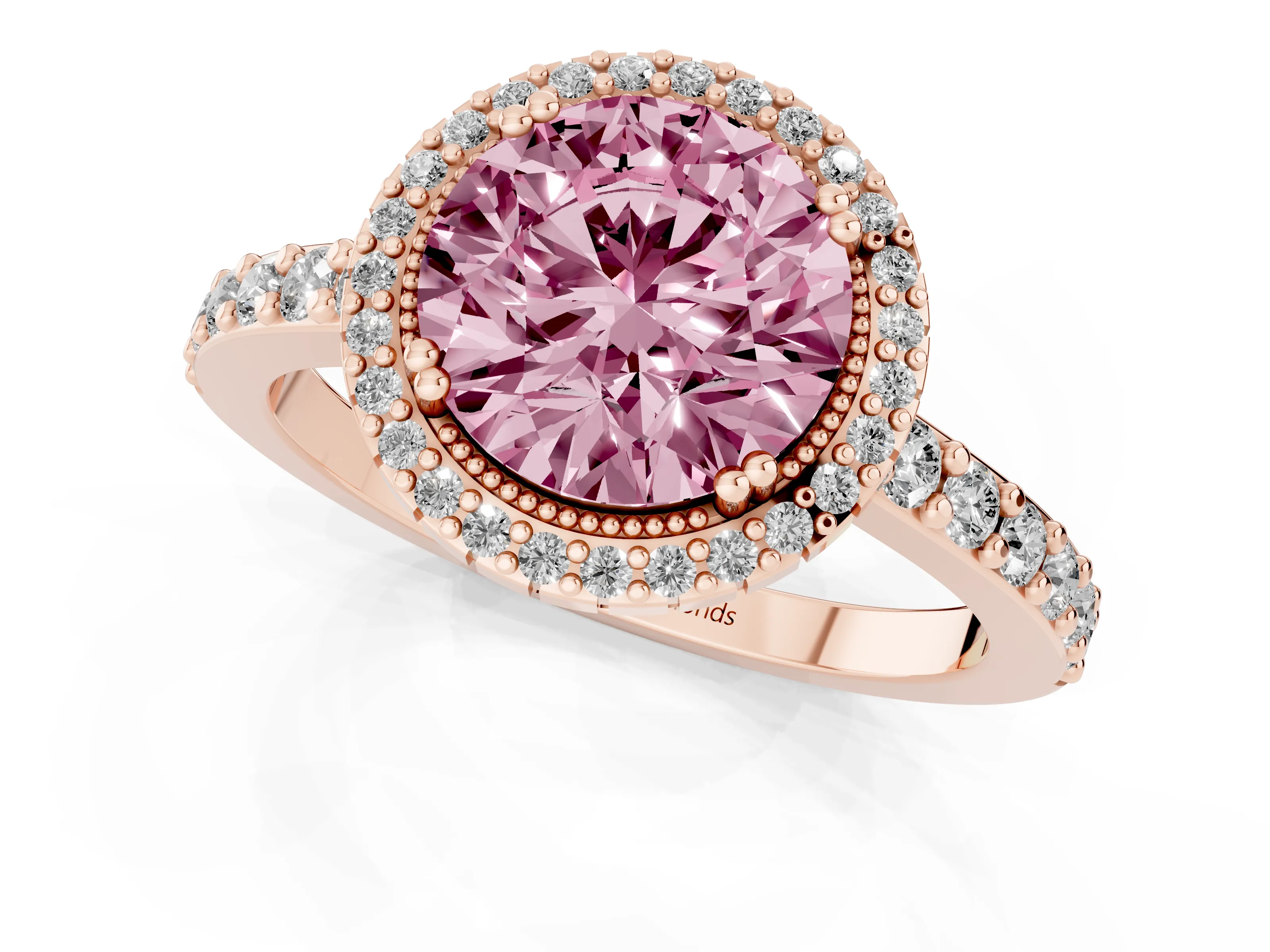 Fancy Pink Round Cut Diamond Halo Engagement Ring Set in Rose gold with Milgrain Detail and Pavé Band