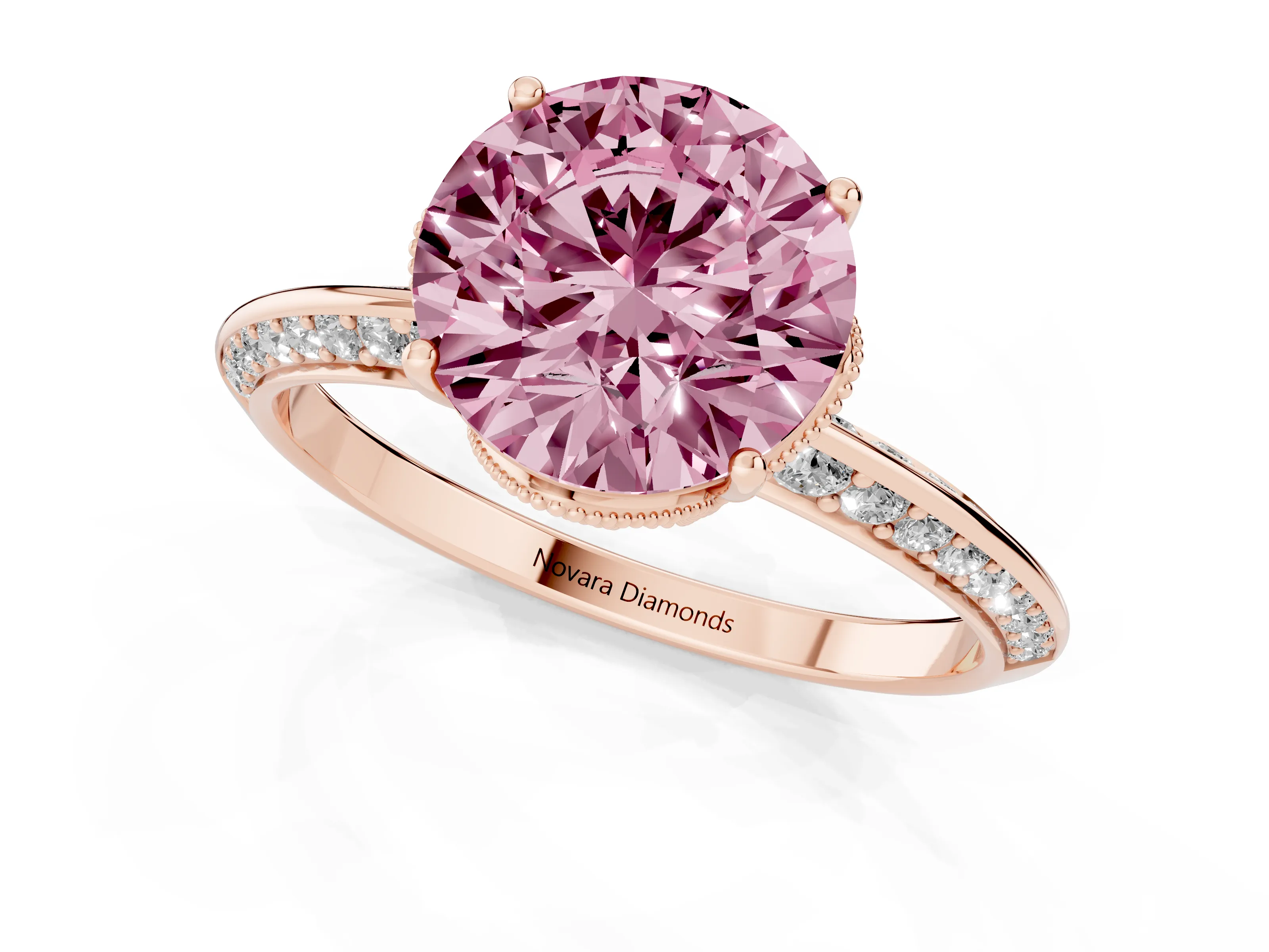 Fancy Pink Round Cut Diamond Solitaire Engagement Ring Set in Rose gold with Pavé Split Shank and Prong Setting
