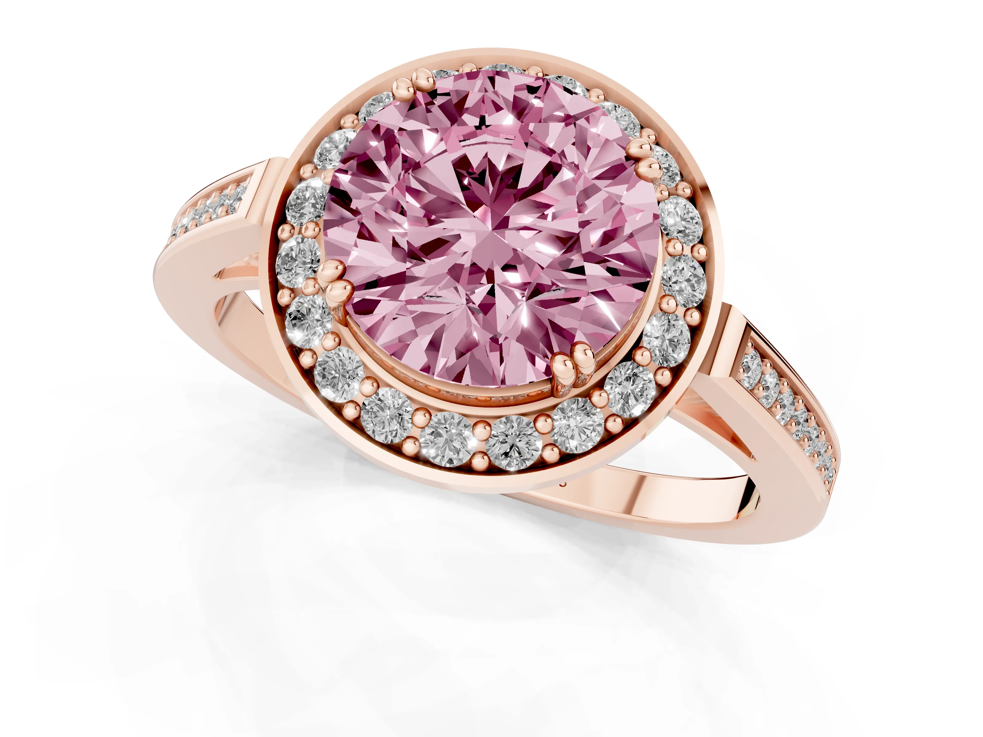 Fancy Pink Round Cut Diamond Halo Ring Set in Rose gold with Accent-Lined Split Shank and Prong Setting