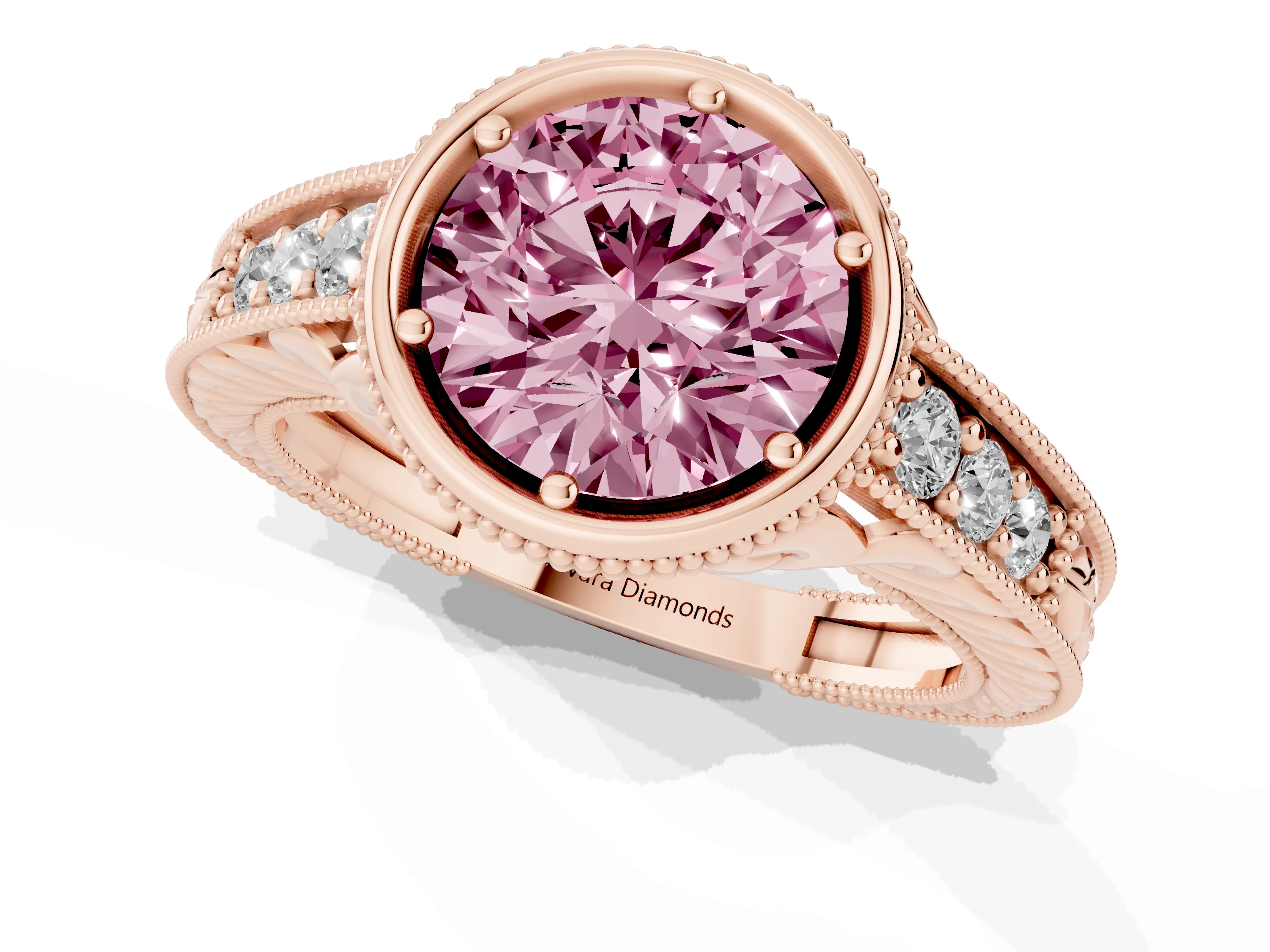 Fancy Pink Bezel Set Round Cut Diamond Milgrain Pavé Engagement Ring Set in Rose gold