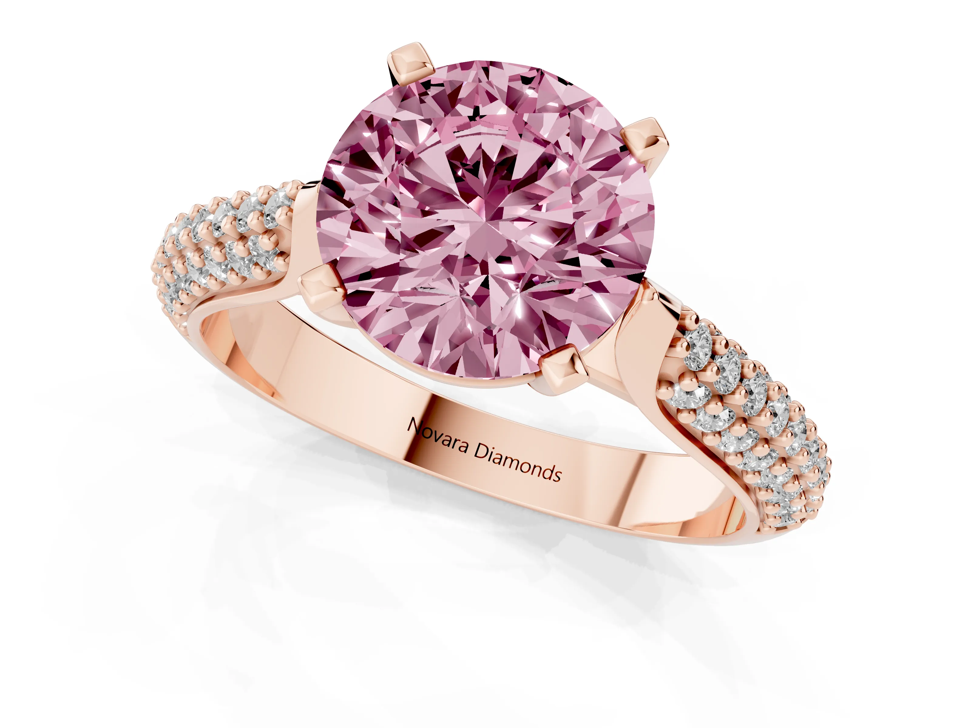 Fancy Pink Round Cut Diamond Solitaire Engagement Ring Set in Rose gold with Multi-Row Round Pavé Band and Prong Setting