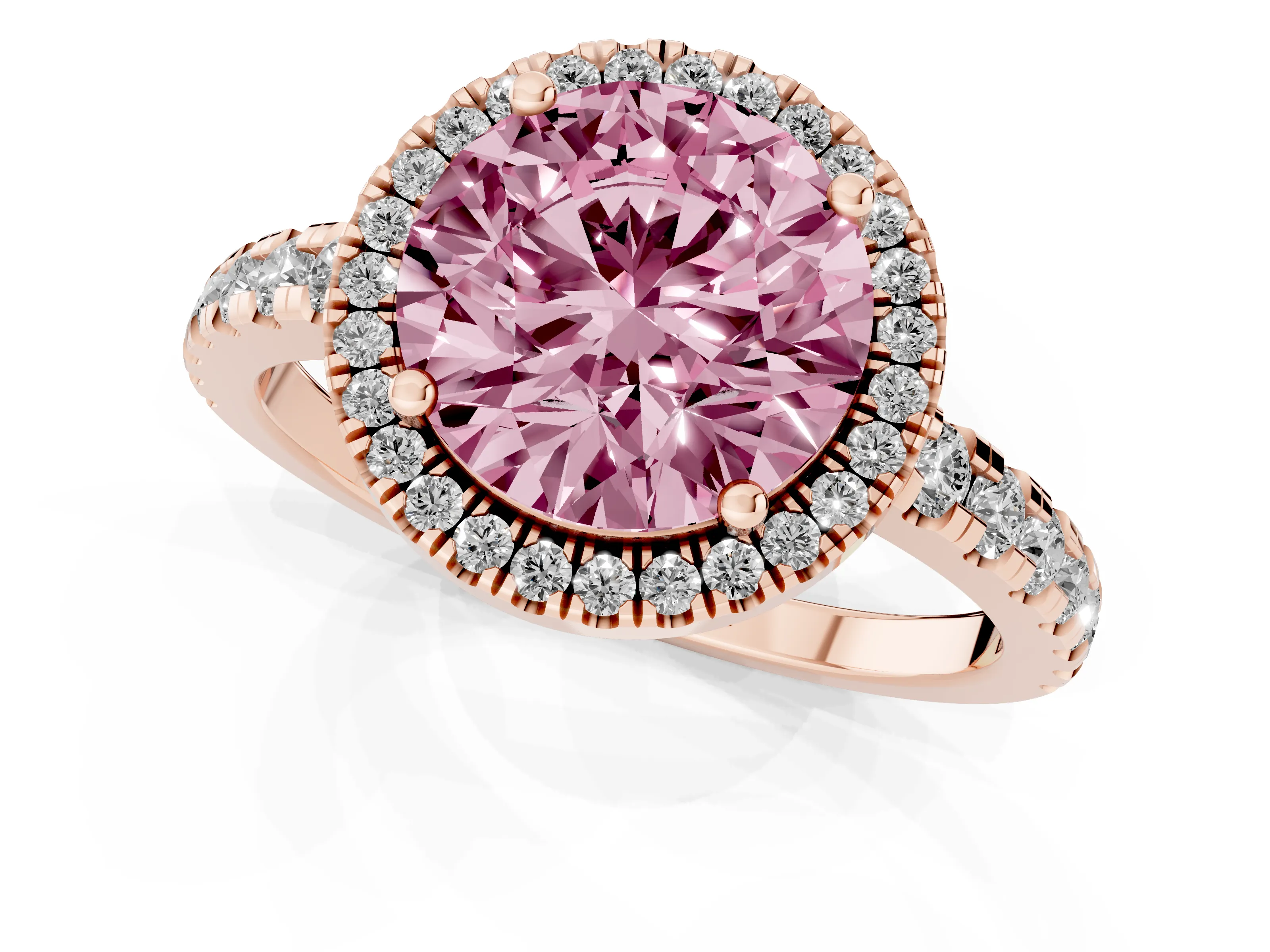 Fancy Pink Round Cut Diamond Halo Ring Set in Rose gold with Delicate Pavé Band and Prong Setting