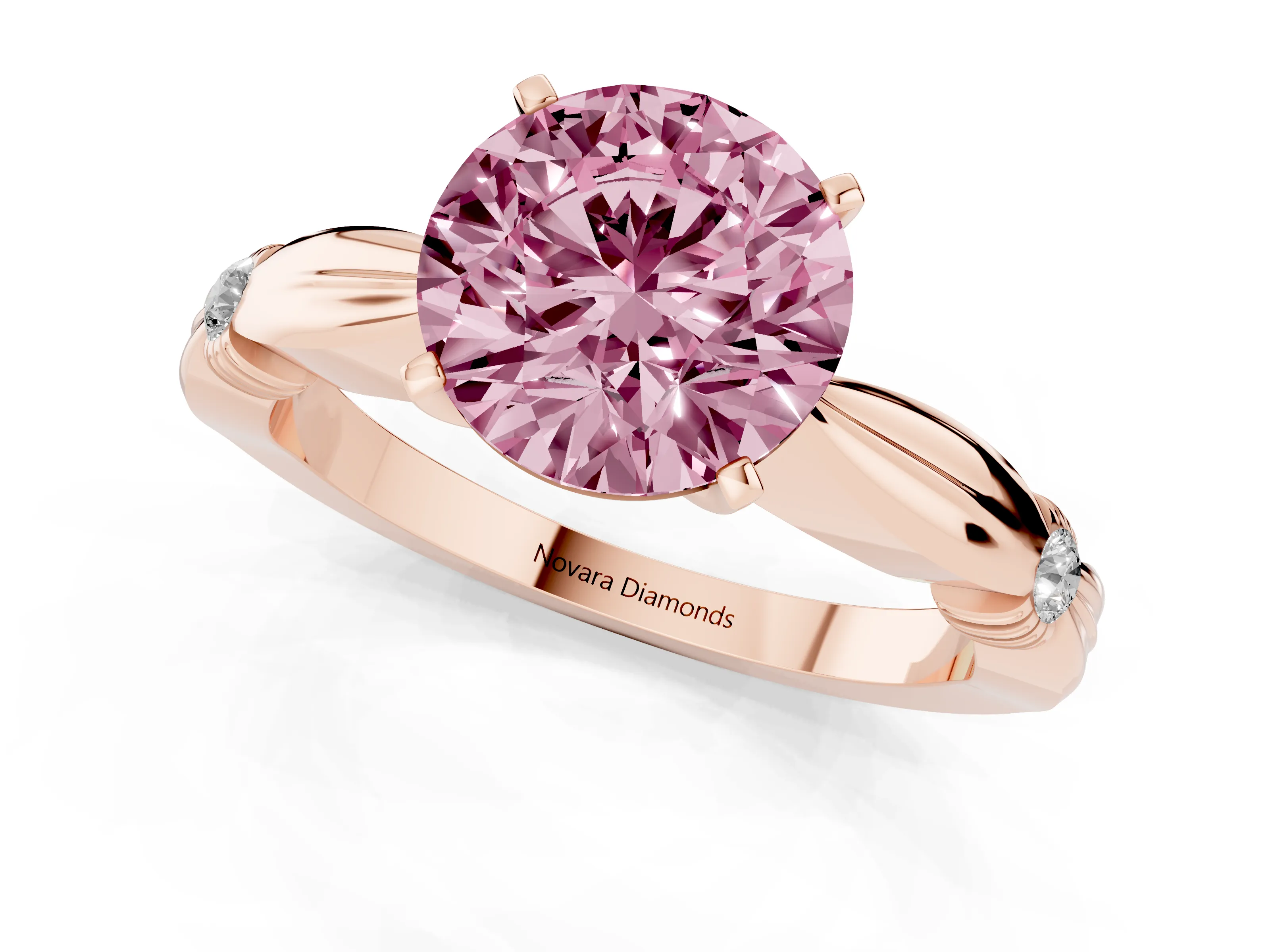 Fancy Pink Round Cut Diamond Solitaire Twisted Band Ring Set in Rose gold with Accent Stones and Prong Setting – second view