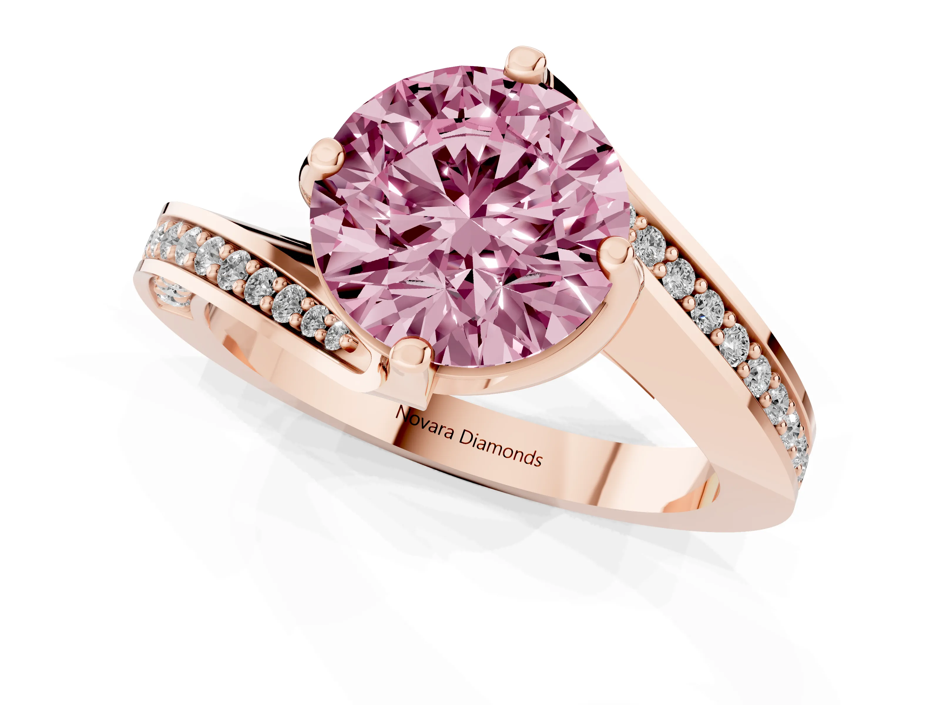 Fancy Pink Round Cut Diamond Solitaire Ring Set in Rose gold with Intertwined Pavé Twist Band