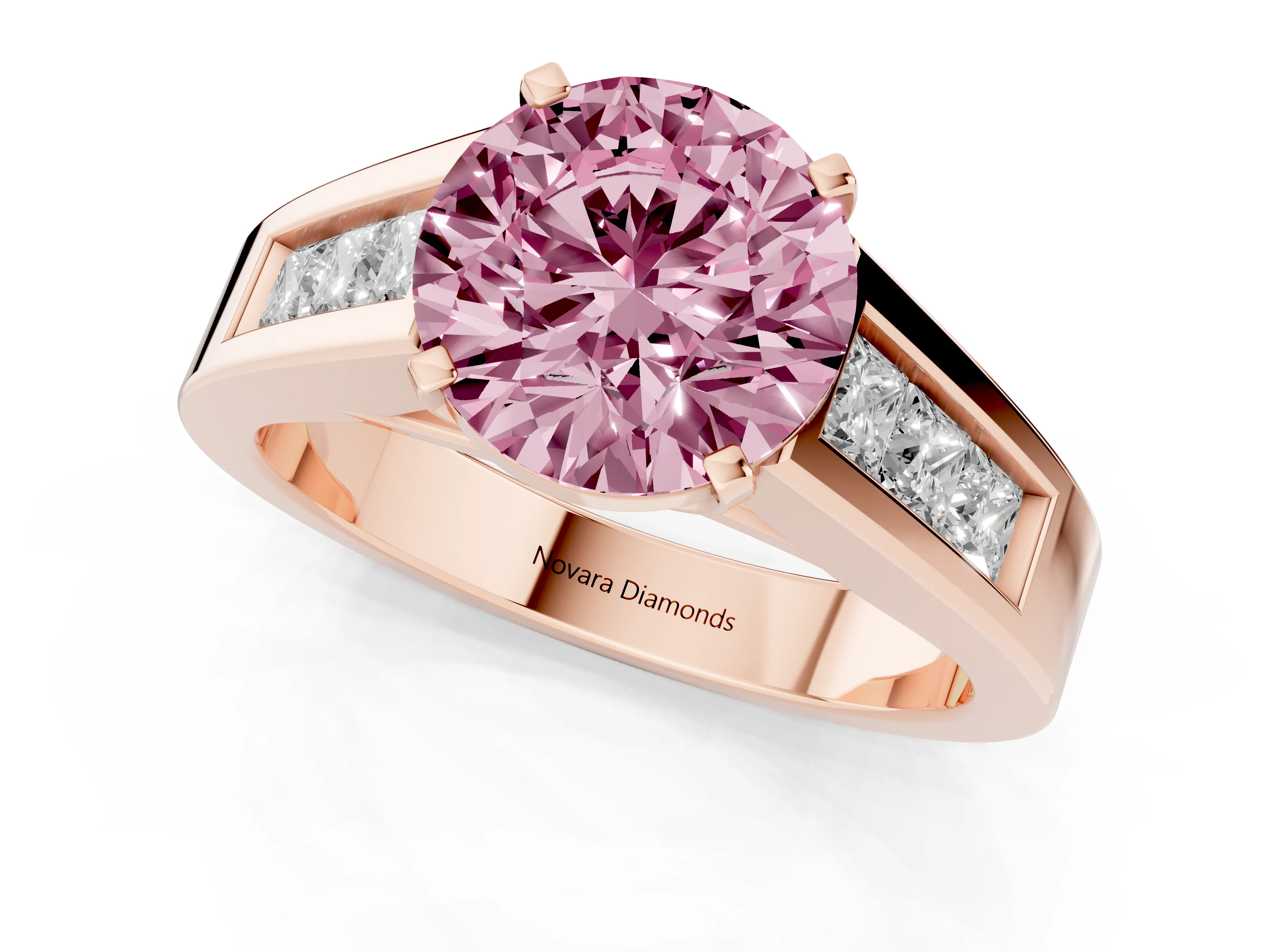 Fancy Pink Round Cut Diamond Solitaire Ring Set in Rose gold with Channel-Set Accent Stones and Prong Setting
